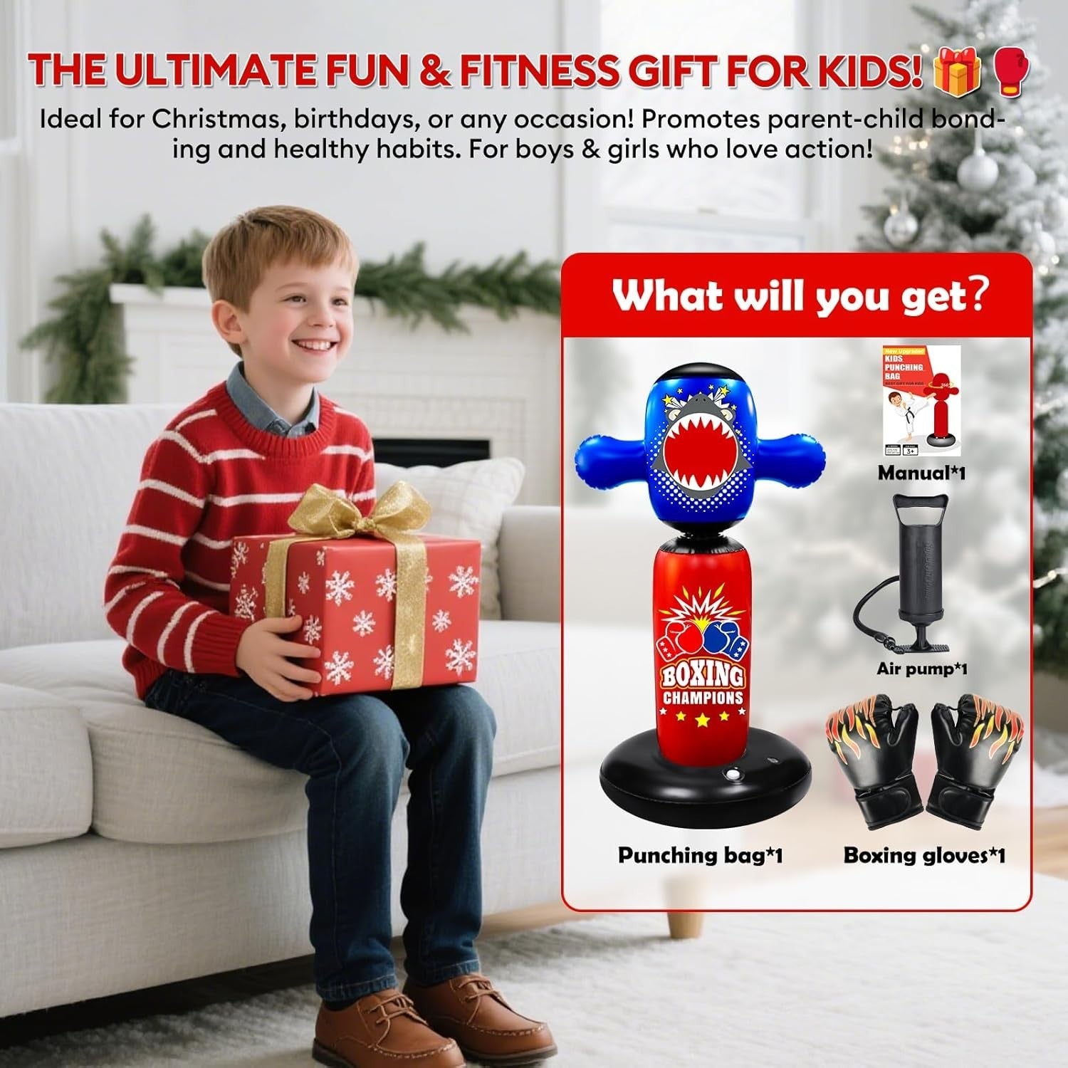 Inflatable Kids Punching Bag 63inch Freestanding Boxing Toy Gloves