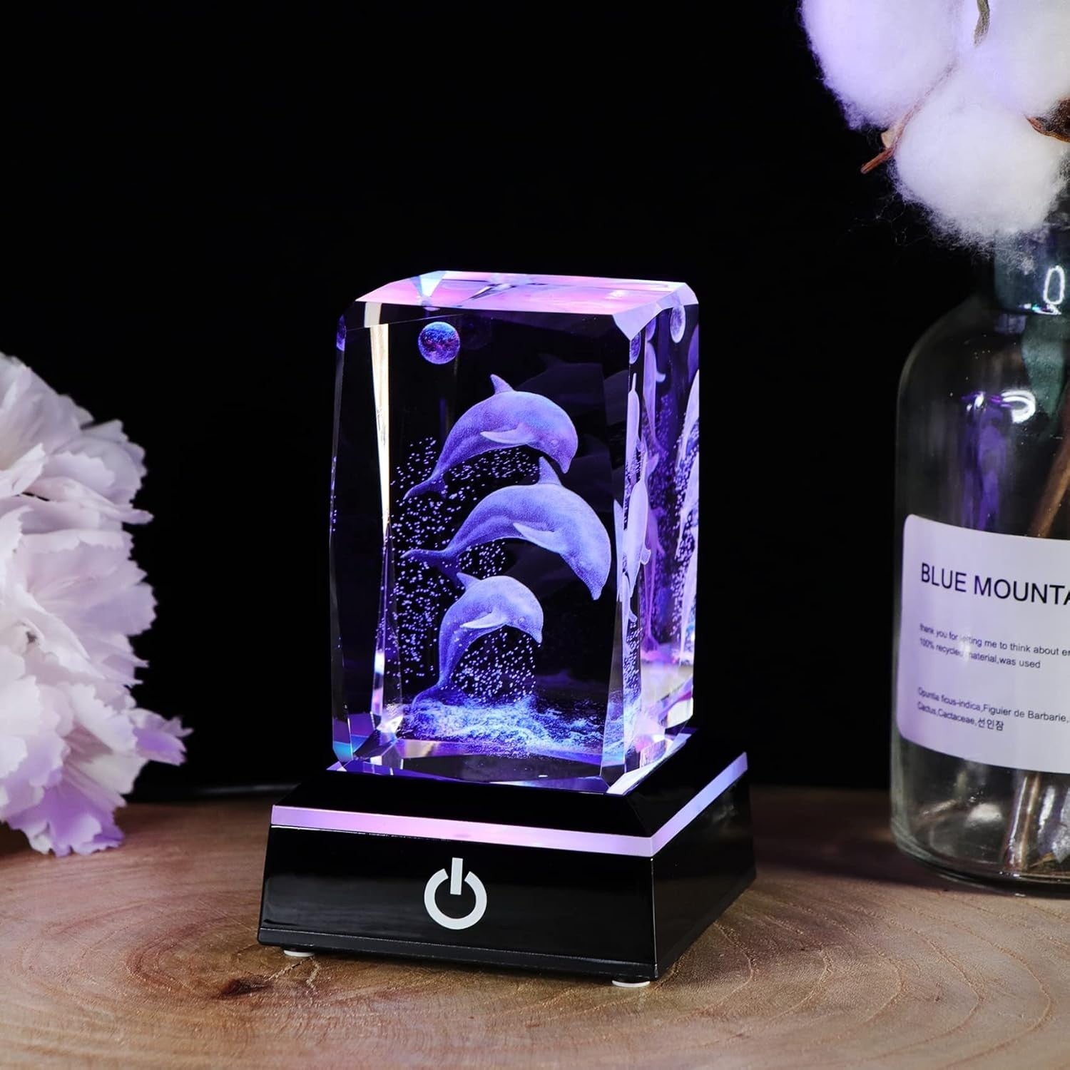 3D Crystal Dolphin Figurine with LED Base • Engraved Glass Ornament Gift Decor