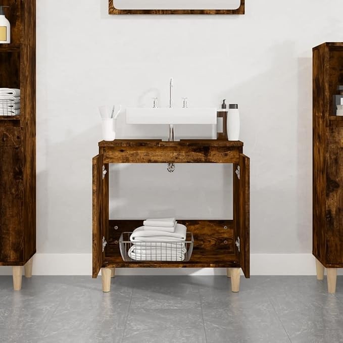 Smoked Oak Bathroom Sink Cabinet Cupboard 58x33x60cm Rustic Vanity Storage Unit