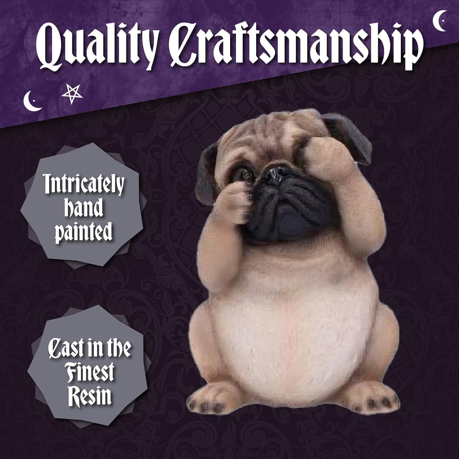 Three Wise Pug Figurines Resin 8.5cm Cute Dog Ornament Set Home Decor Gift