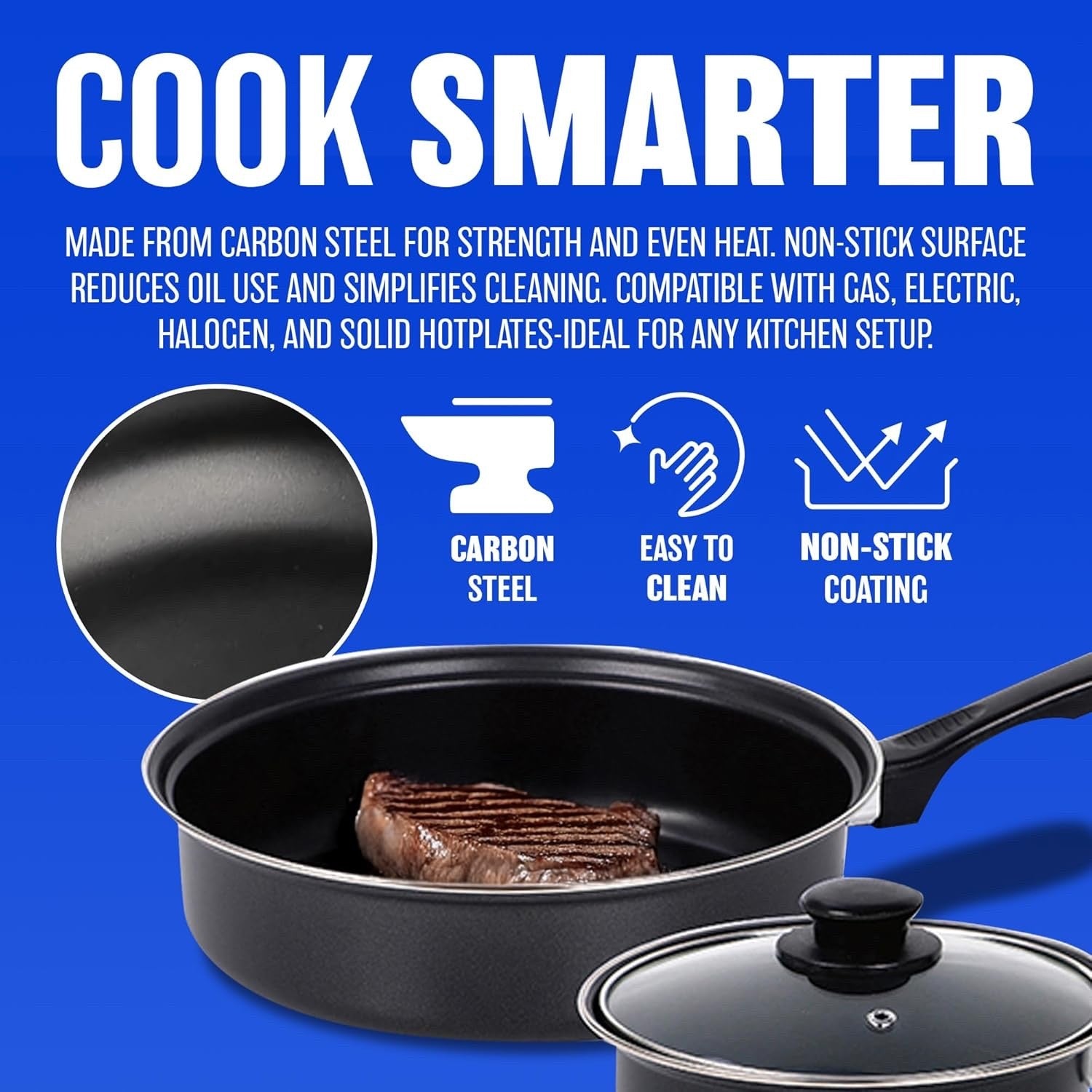 5Pcs Non Stick Carbon Steel Cookware Set with Glass Lids Bakelite Handle Black