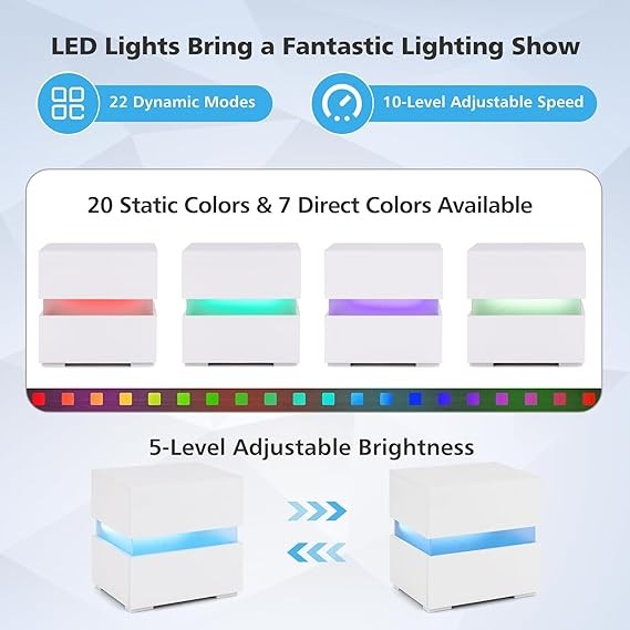 Modern LED Bedside Table with RGB Lights, 2 Drawers, High Gloss Nightstand