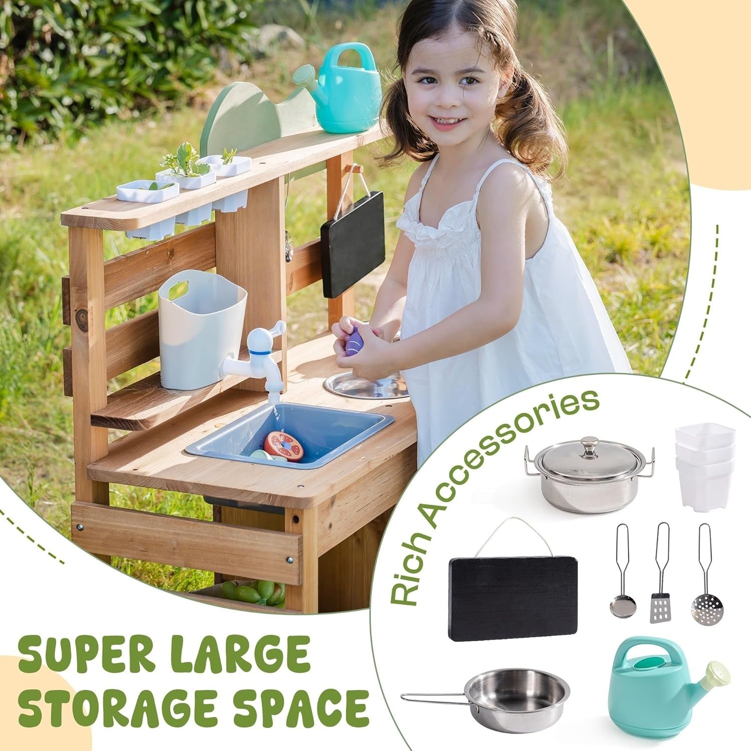 Large Outdoor Mud Kitchen Wooden Kids BBQ Playset Sink Chalkboard