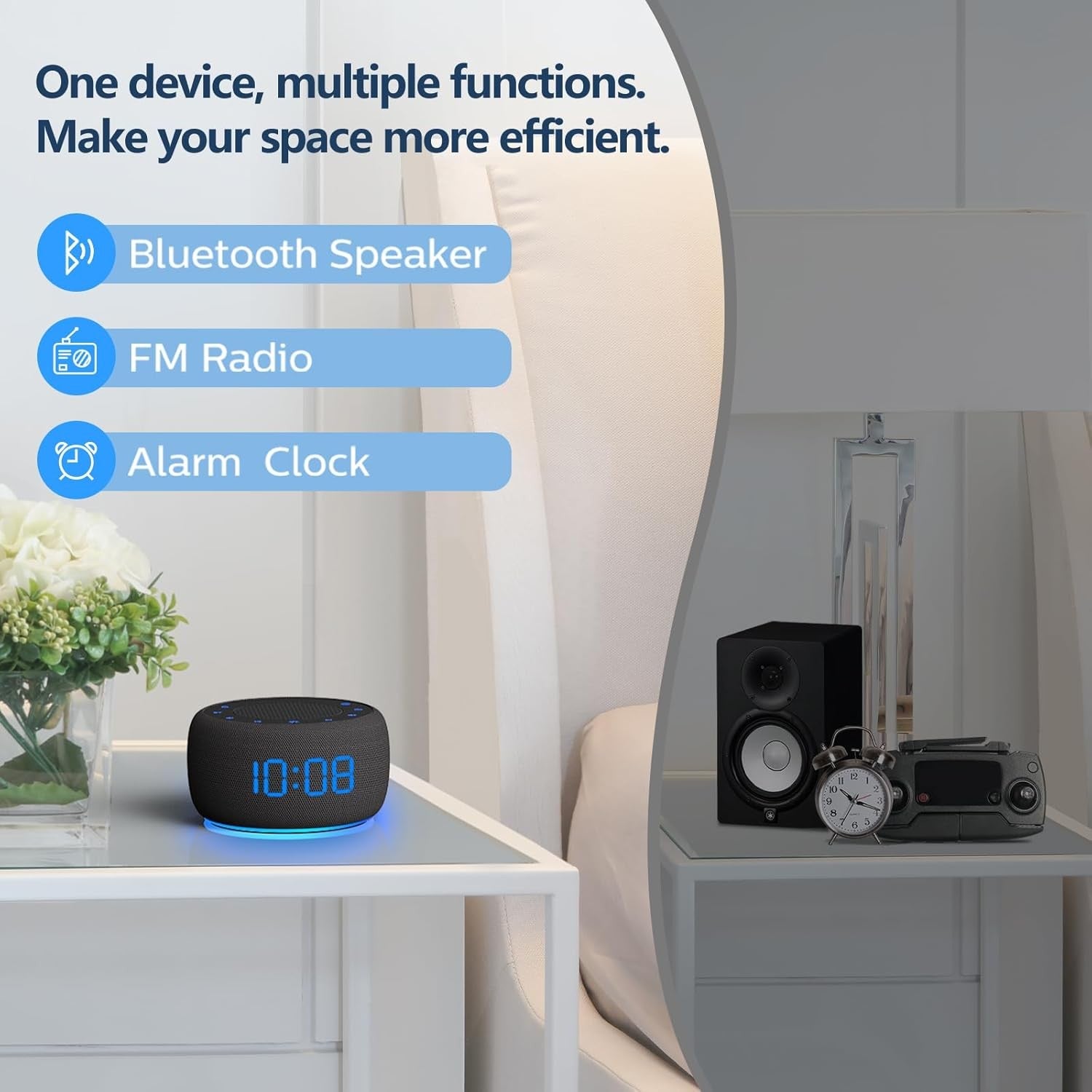 Black Bluetooth Speaker Alarm Clock FM Radio LED Display Bedroom
