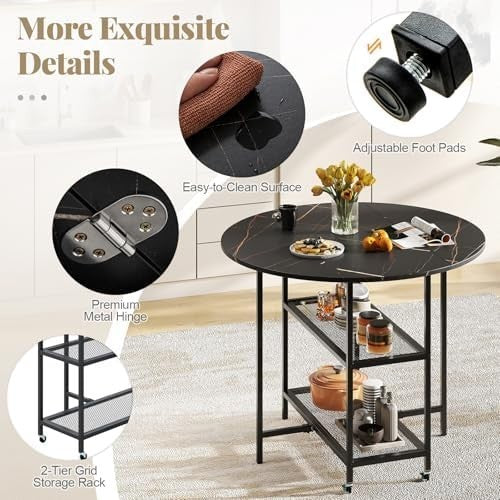Folding Round Dining Table with Locking Wheels & 2-Tier Shelves Black
