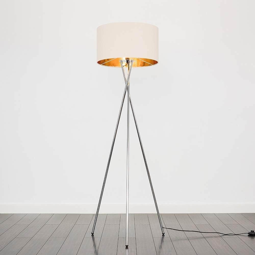 Tripod Floor Lamp Chrome Beige Gold Shade Modern Standing Living Room Light