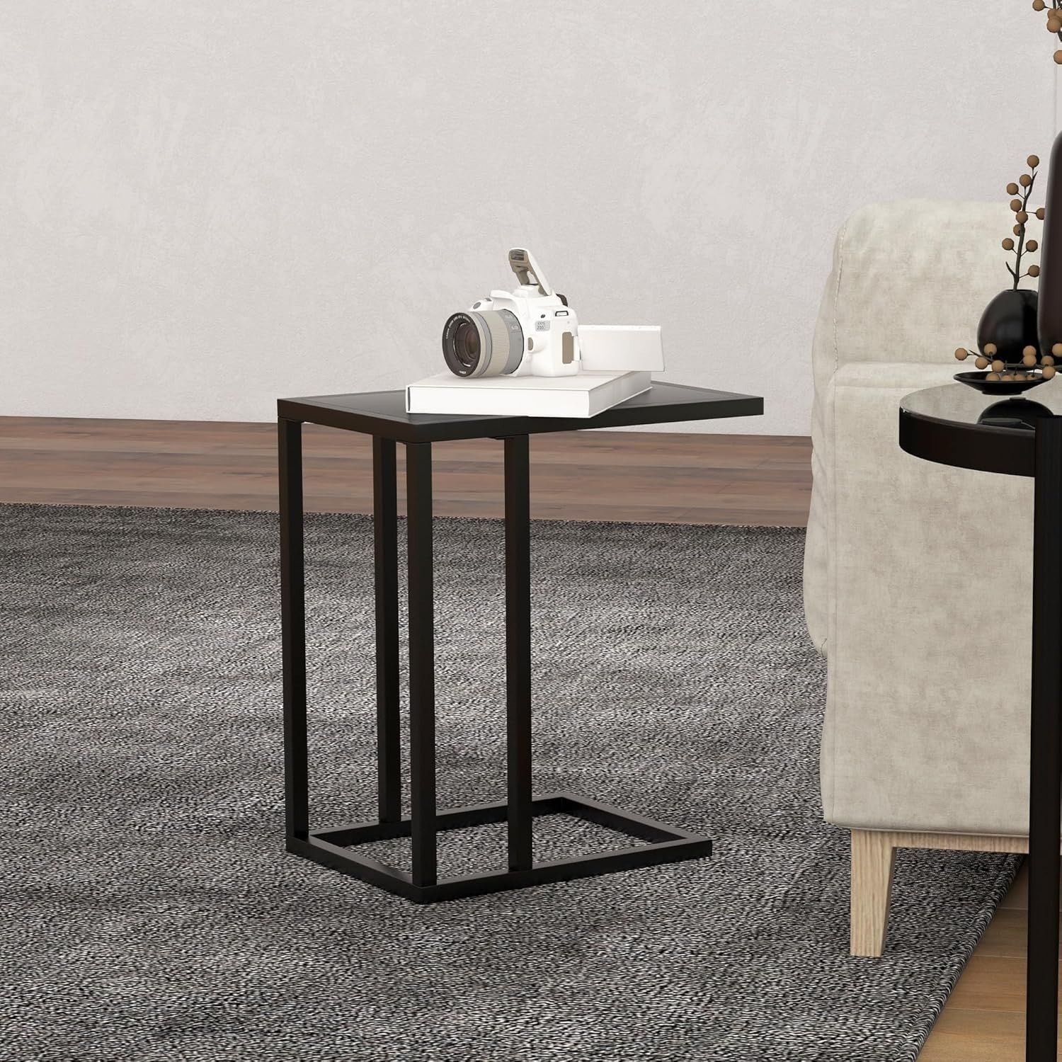 Slim C Shape Sofa Side Table Black Wood | Metal Frame Snack Coffee Stand