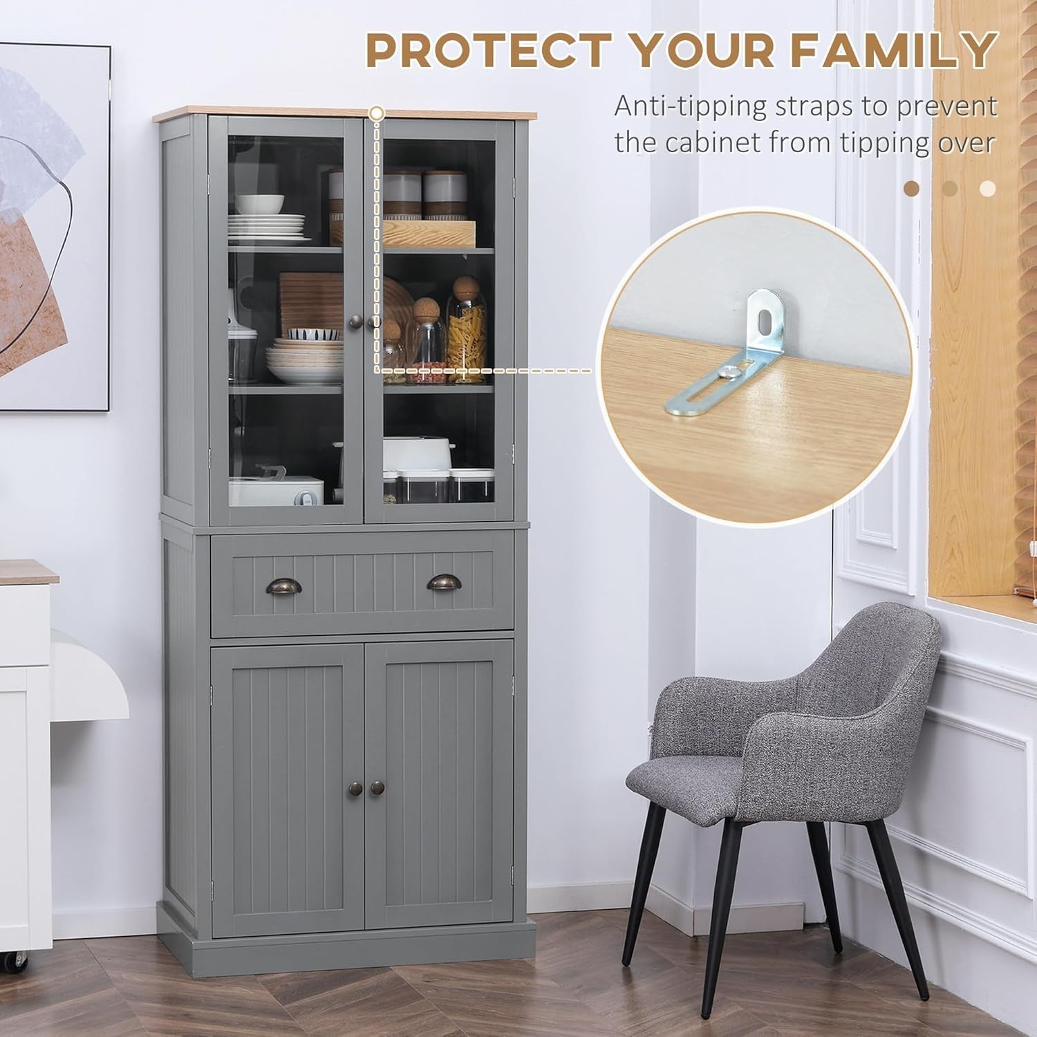 Grey Tall Kitchen Cupboard 182cm Pantry Storage Cabinet Drawer Shelves