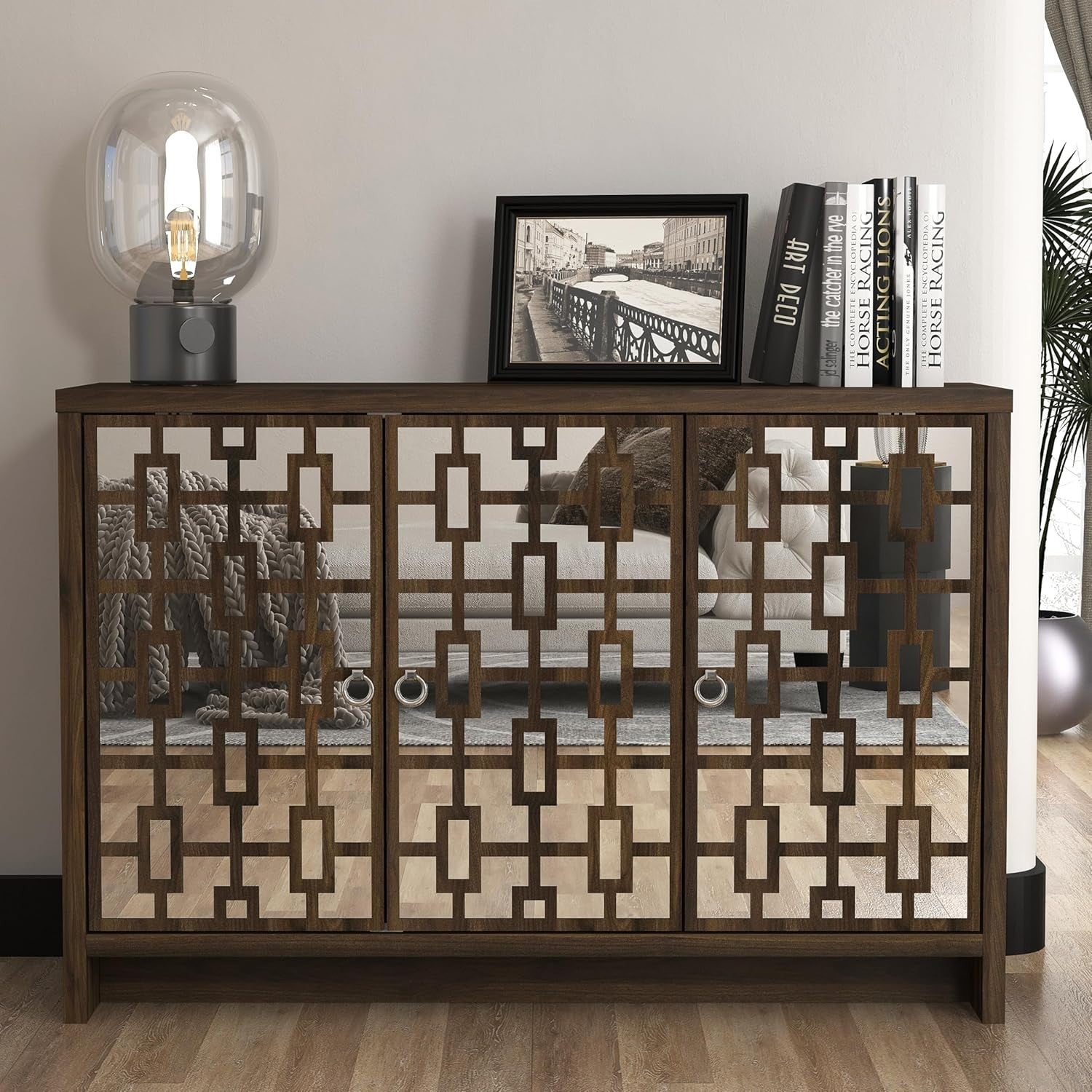 Mirrored Sideboard 3 Door Walnut Storage Cabinet Modern Hallway
