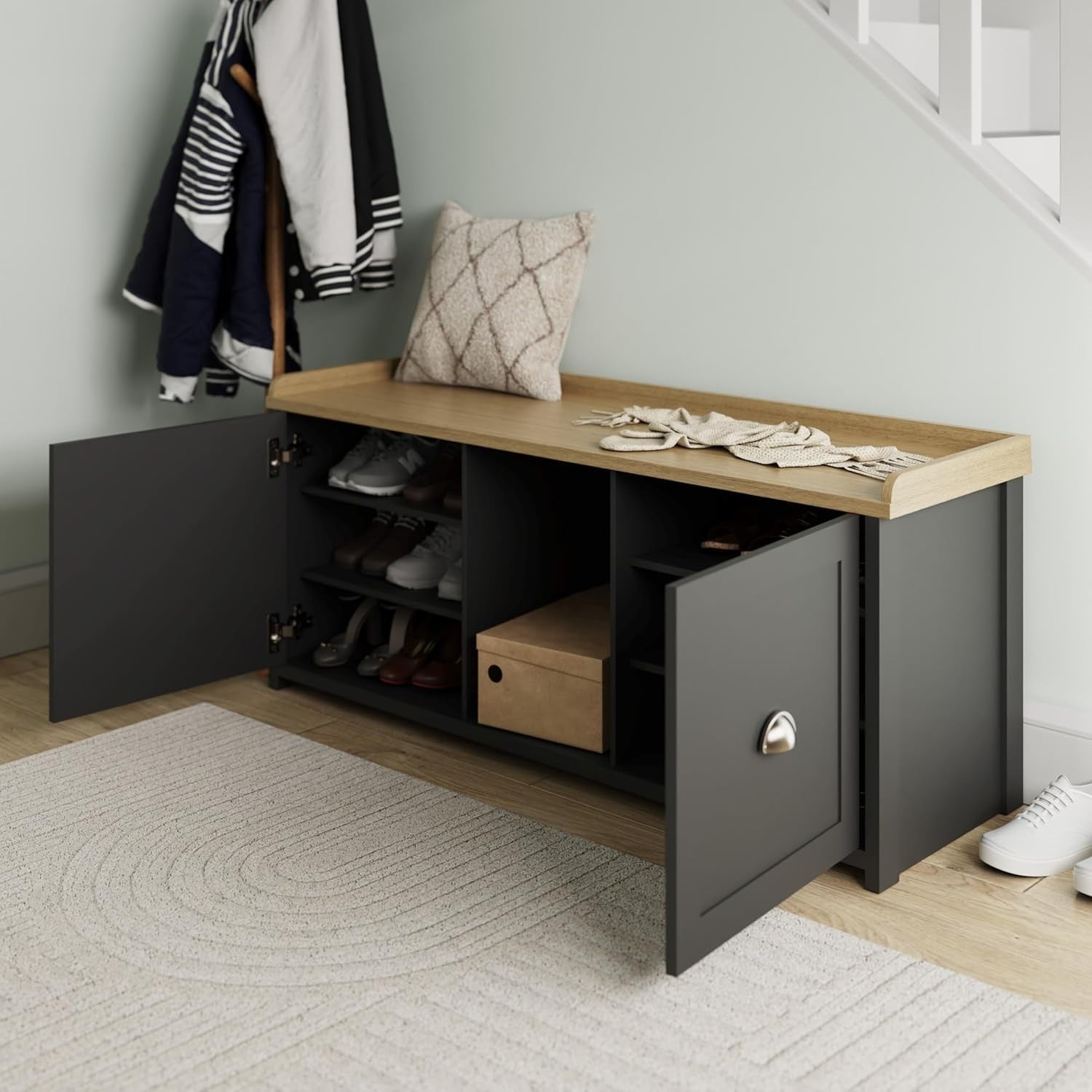 Black 2-Door Shoe Storage Bench – Rustic Entryway Seat & Hallway Organizer
