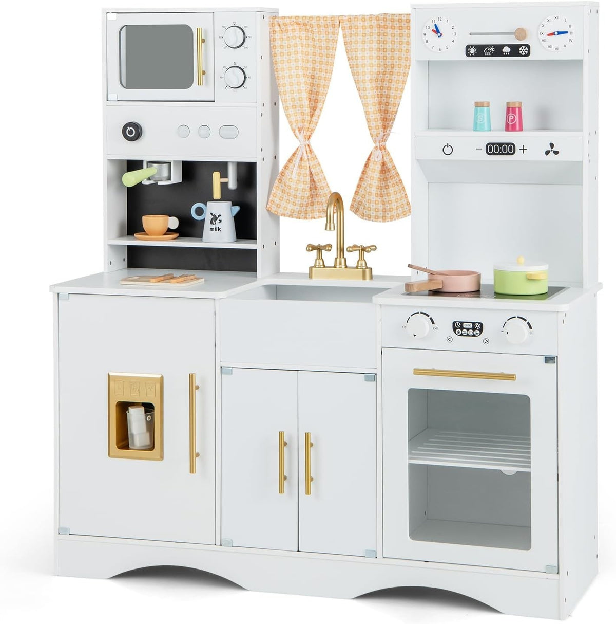 Kids Wooden Play Kitchen White w/ Ice Maker Microwave Accessories