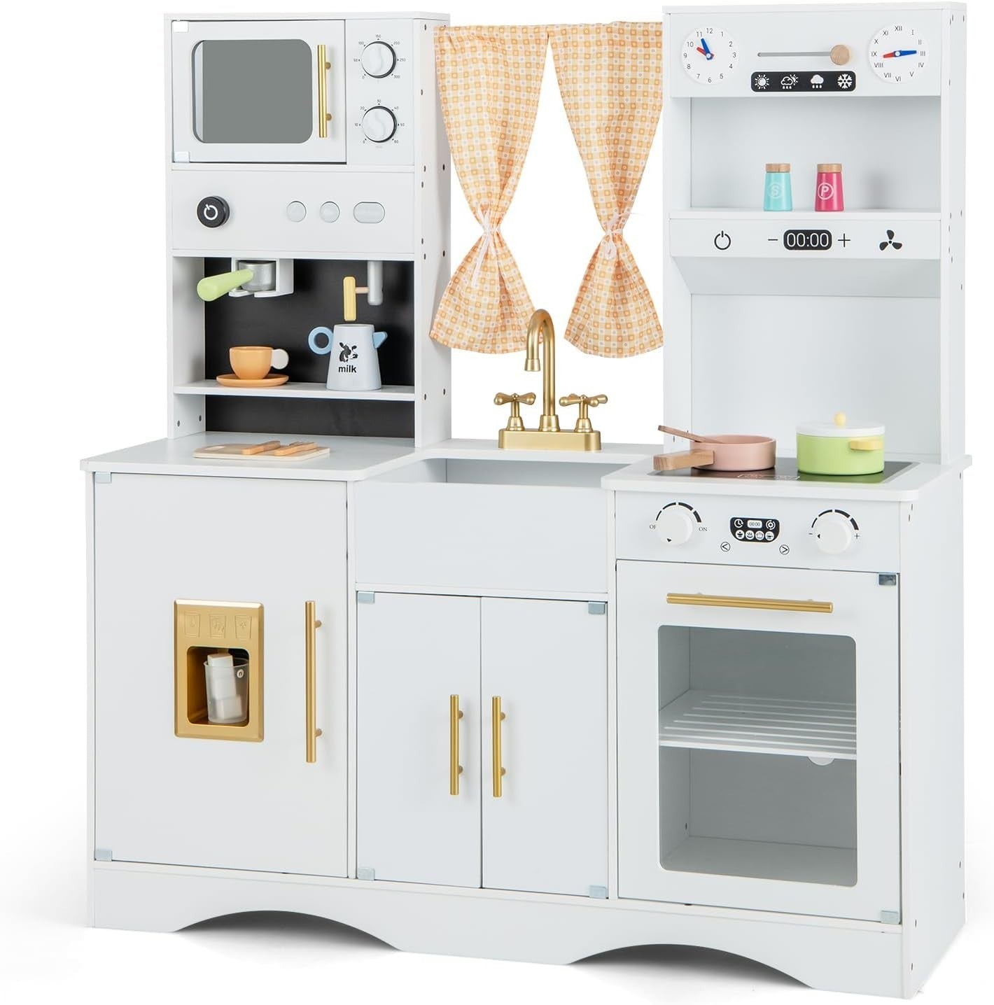 Kids Wooden Play Kitchen White w/ Ice Maker Microwave Accessories