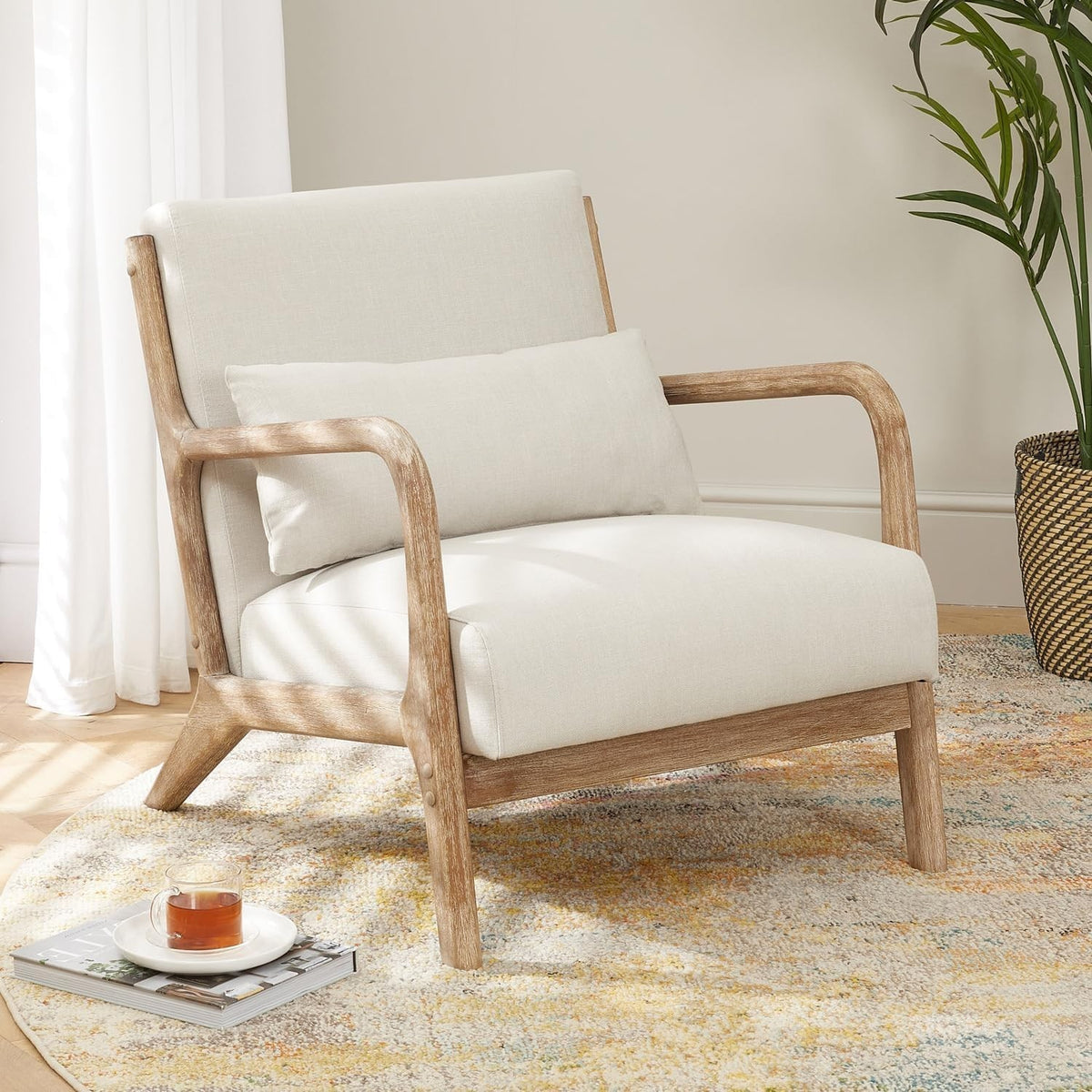 Scandi Oak Armchair Linen Cushion Lounge Chair Mid Century Boho Seat