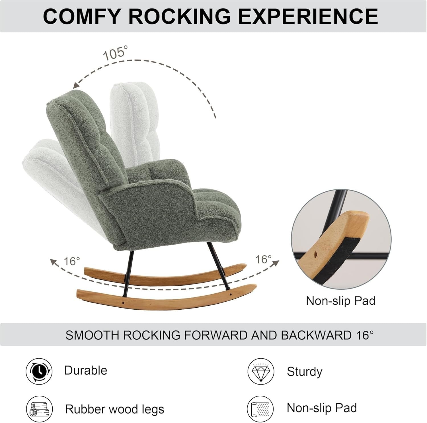 Rocking Chair Nursery Glider Comfy Armchair High Back Padded Seat Green