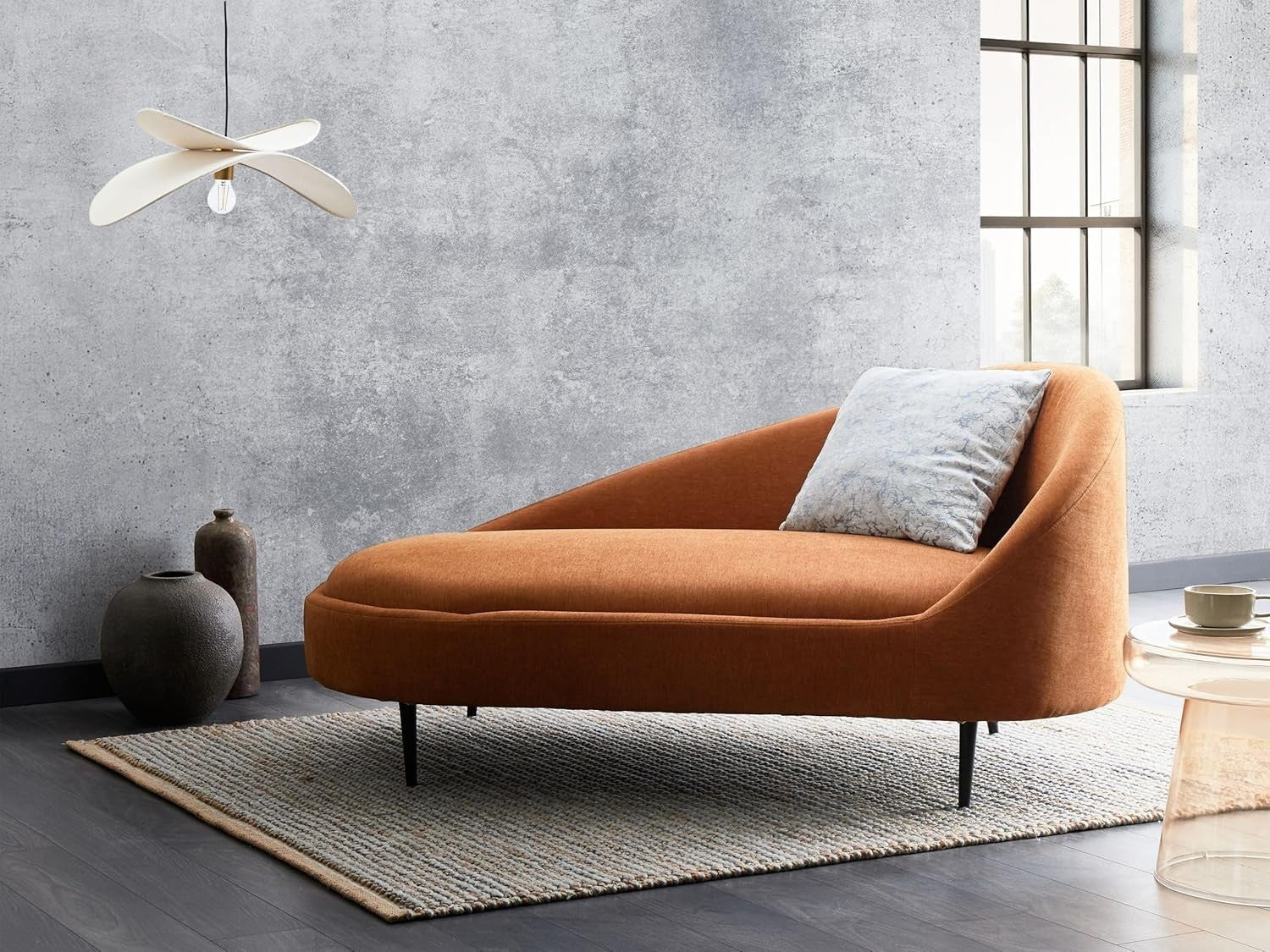 Modern Right Hand Orange Fabric Chaise Lounge Soft Upholstery Metal Legs