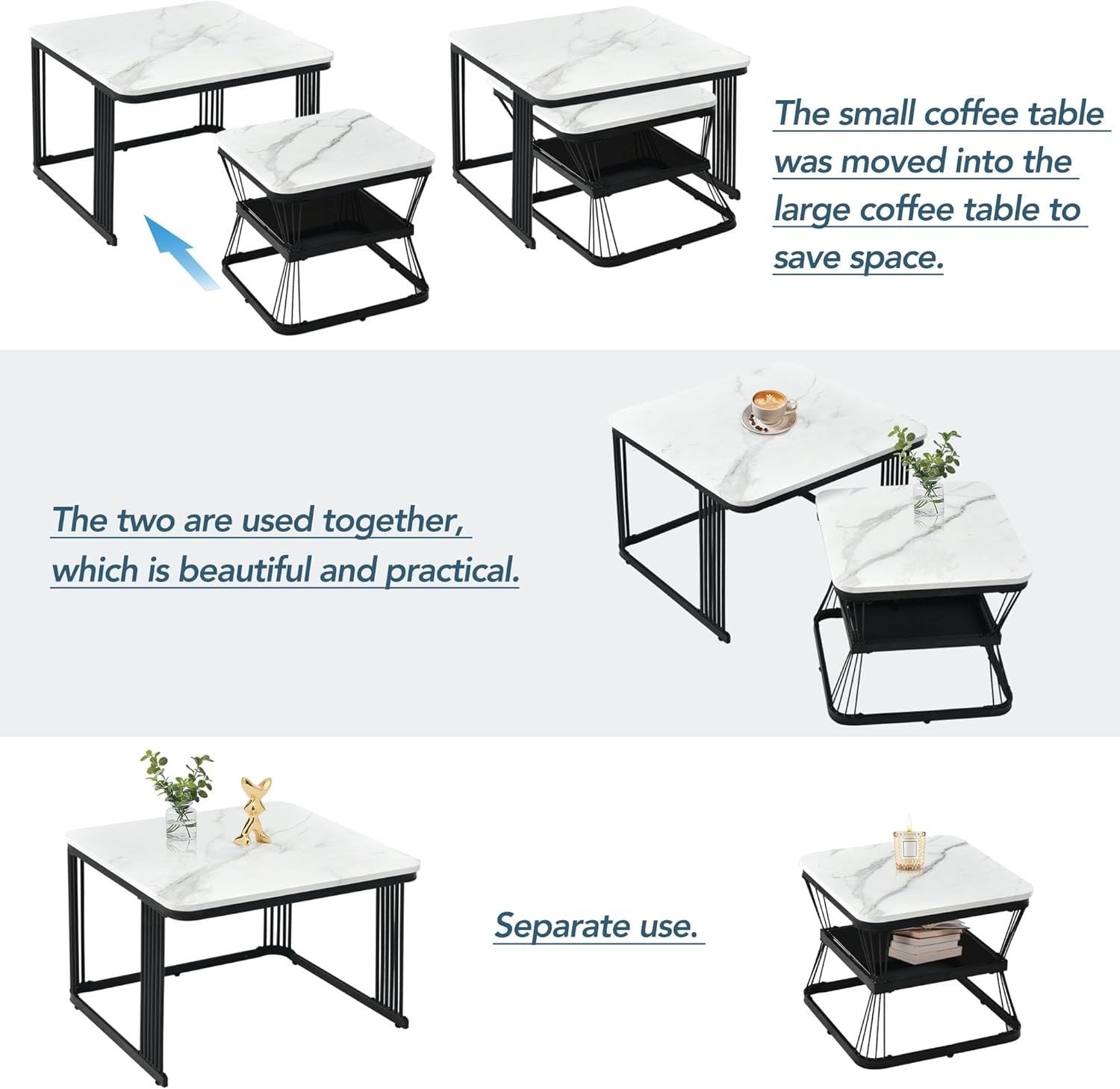 Nesting Coffee Table Set of 2 Square Modern End Side Tables Wood Top Metal Frame