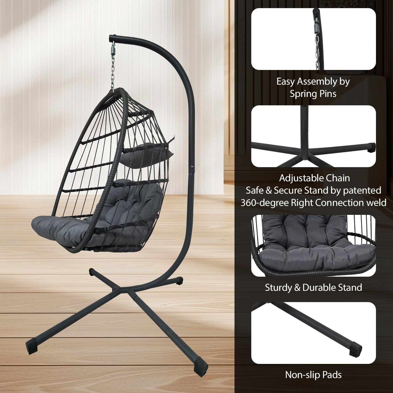 Foldable Rattan Hanging Egg Chair with Cushion for Indoor Outdoor (Light Grey)