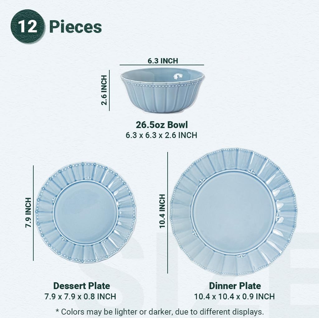 12 Piece Porcelain Dinner Set Blue Plates Bowls Microwave Dishwasher Safe