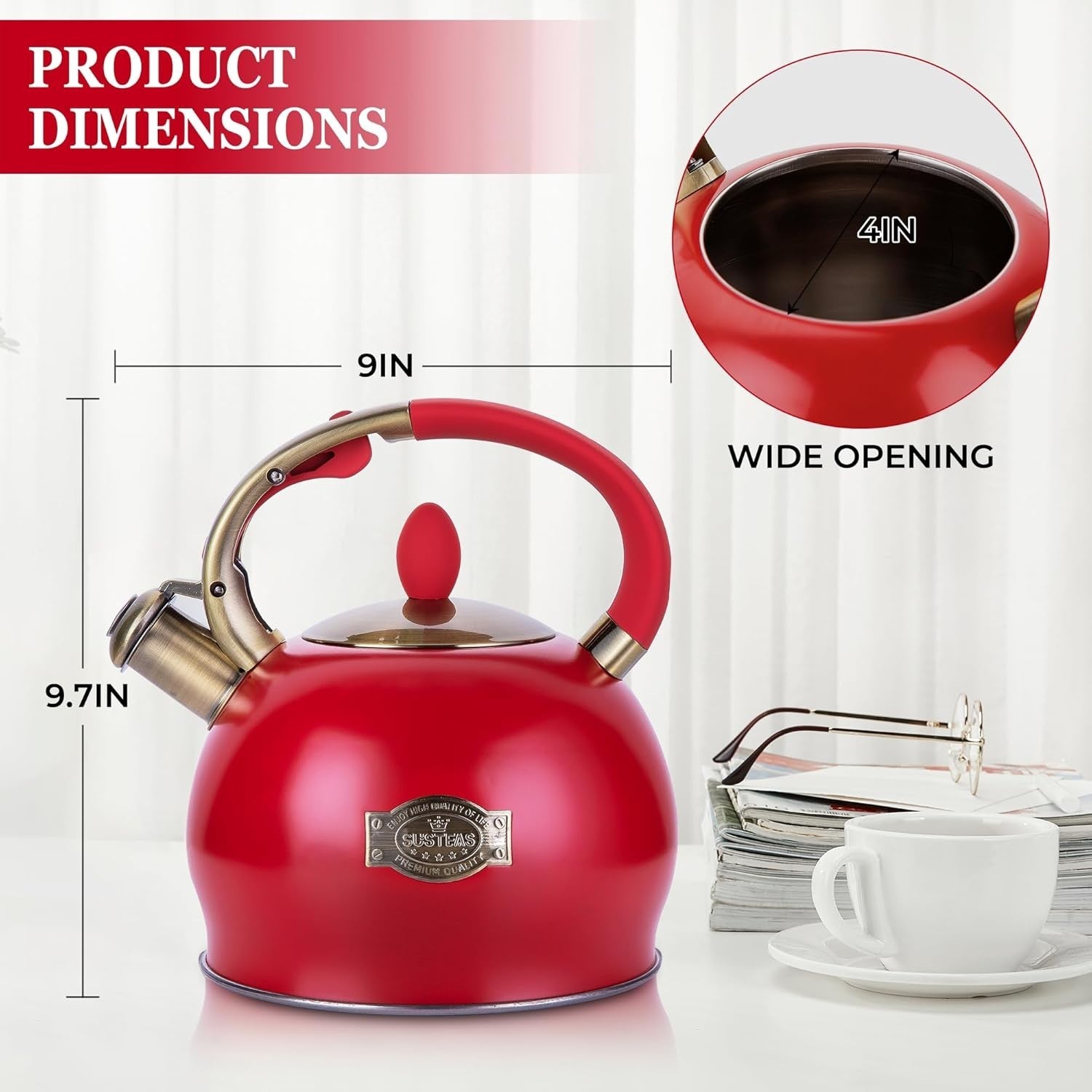 3L Red Whistling Tea Kettle Stainless Steel Stove Top Teapot