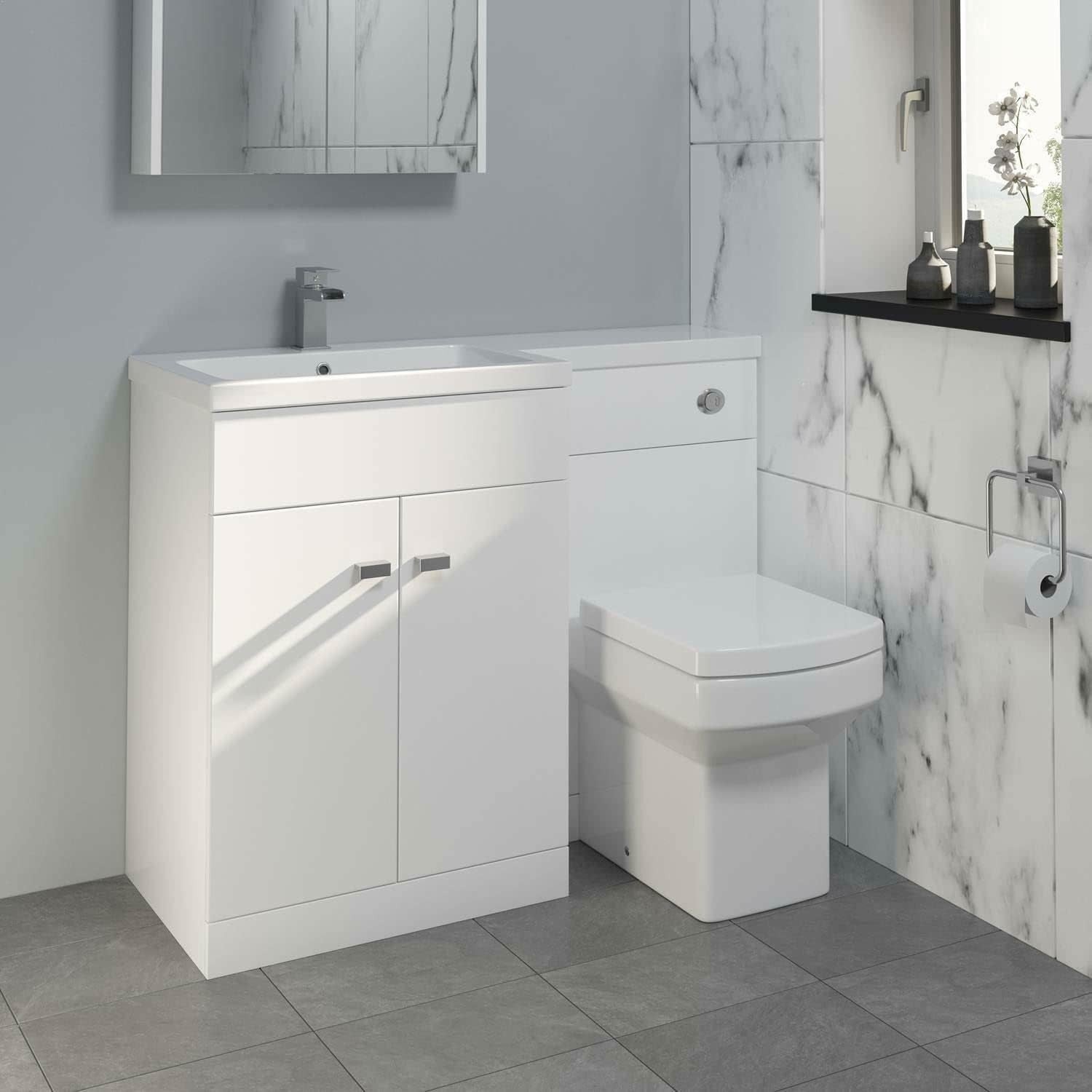1100mm L Shape Bathroom Vanity Unit with Basin & Toilet Left Hand Gloss White
