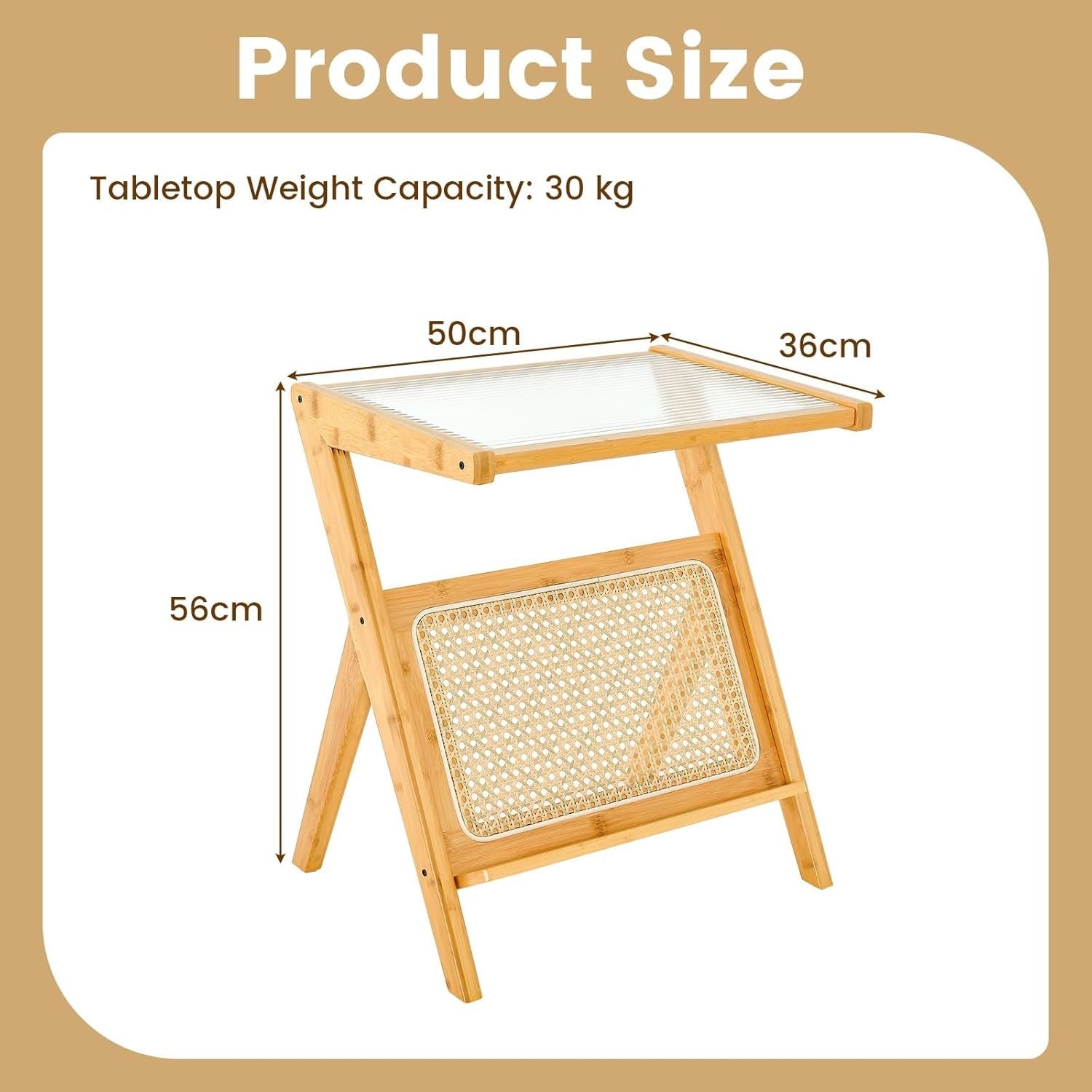 Slim Bamboo Side Table with Glass Top & Magazine Rack | 2-Tier Bedside Sofa Tabl