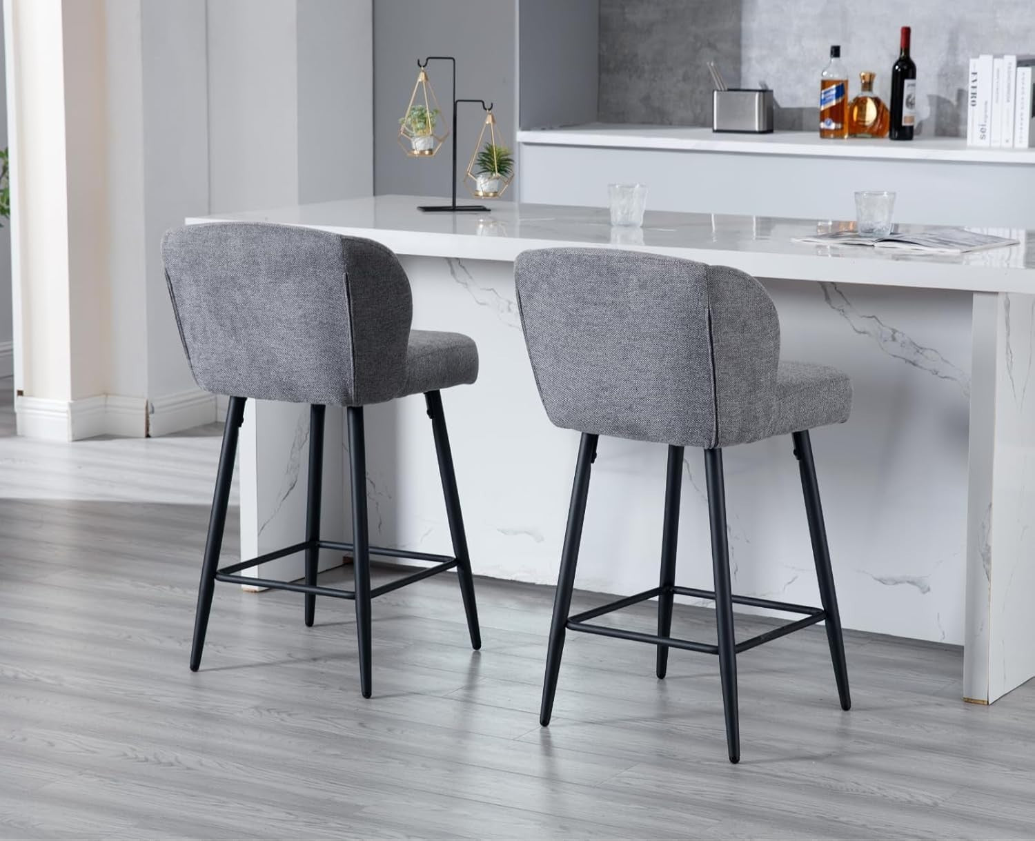 Grey Linen Bar Stool Set 2 – Upholstered High Counter Kitchen Chairs