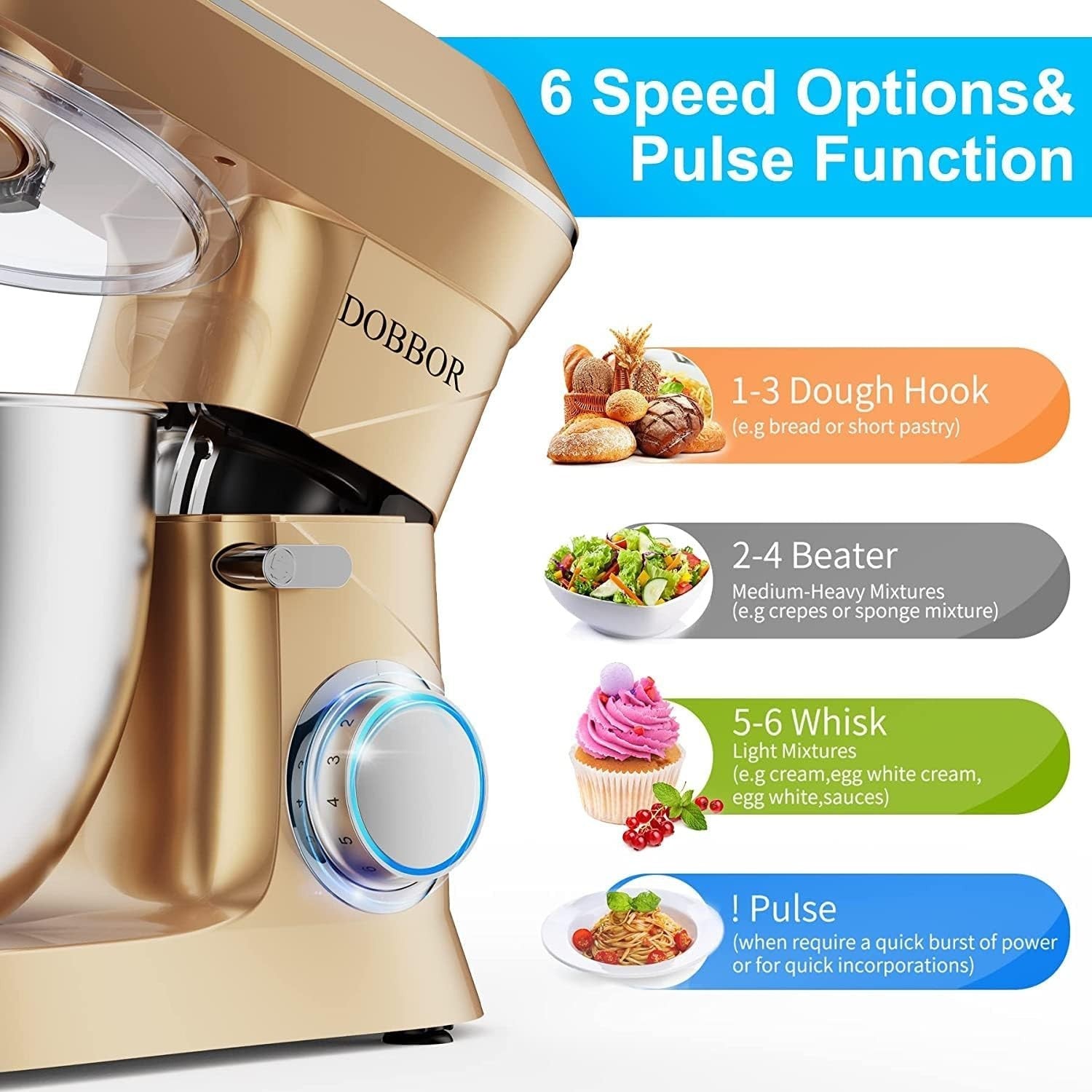 Electric Stand Mixer 8.5L 1500W 6-Speed Dough Blender Gold
