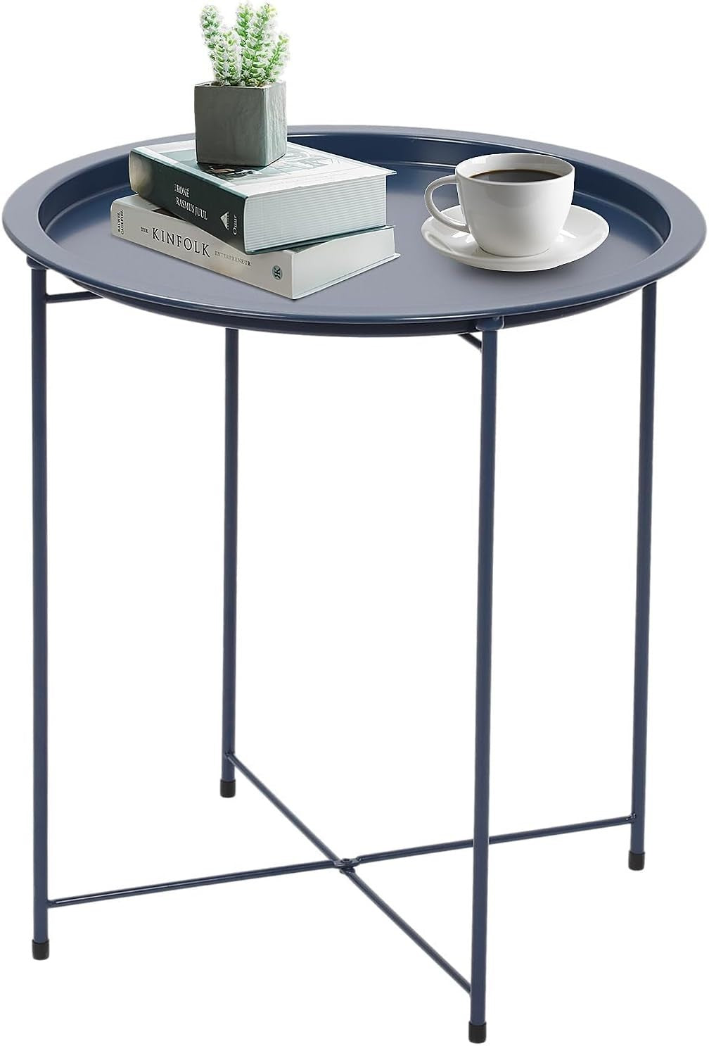 Round Tray Side Table with Removable Tray – 47x50cm Gray Blue Metal Table