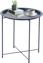 Round Tray Side Table with Removable Tray – 47x50cm Gray Blue Metal Table