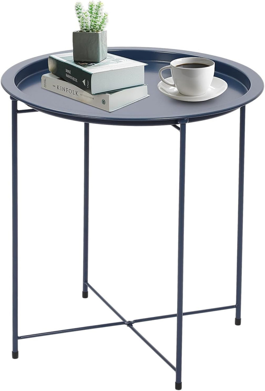 Round Tray Side Table with Removable Tray – 47x50cm Gray Blue Metal Table