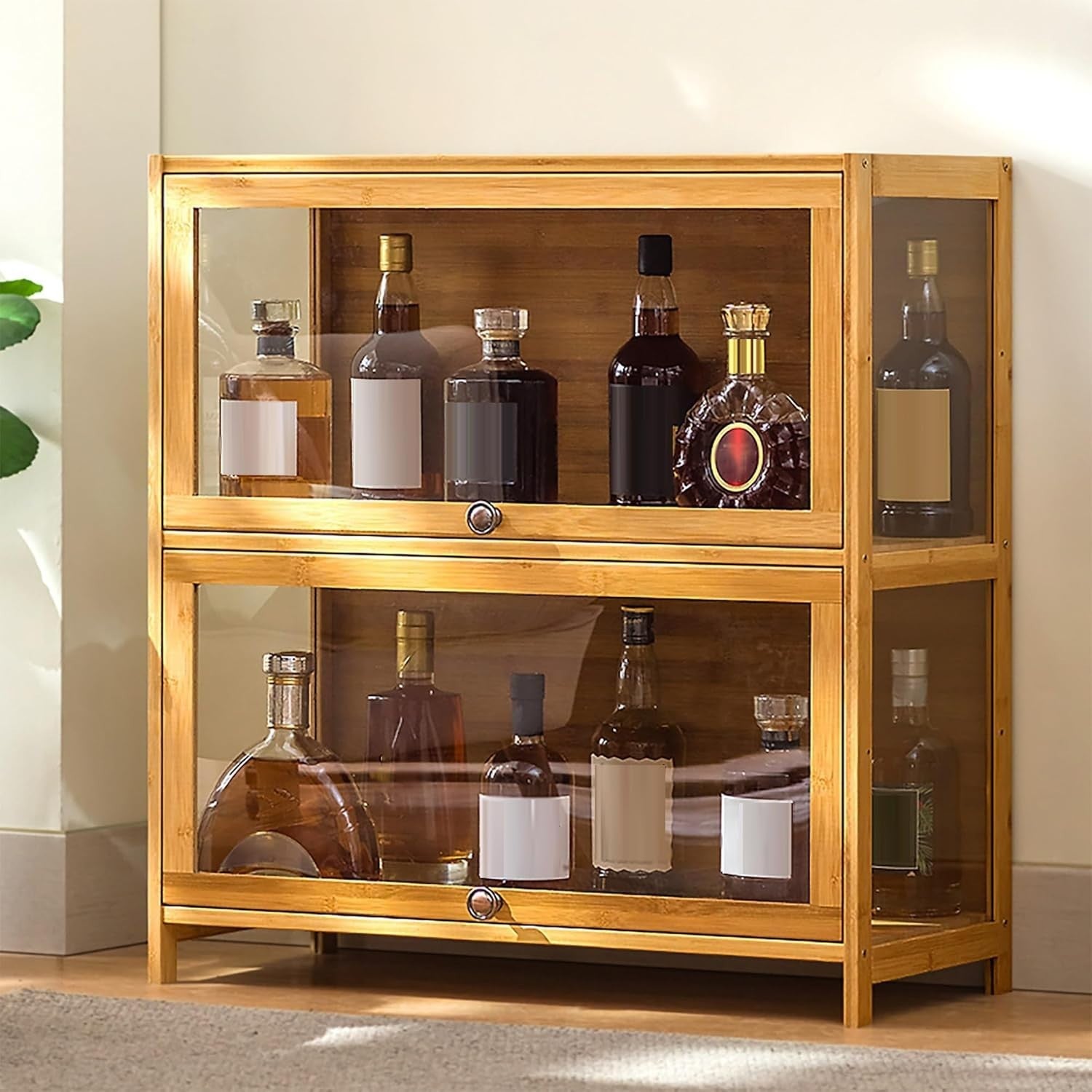 Glass Display Bar Cabinet for Liquor & Wine Storage, Farmhouse 2-Tier 70cm