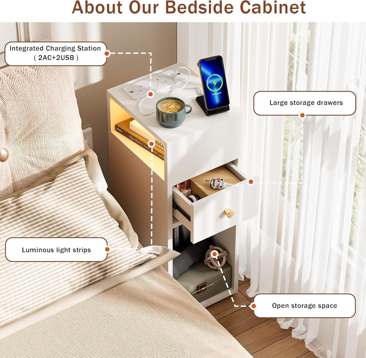Slim White Bedside Table with RGB Lights & Charging Station | Modern Nightstand