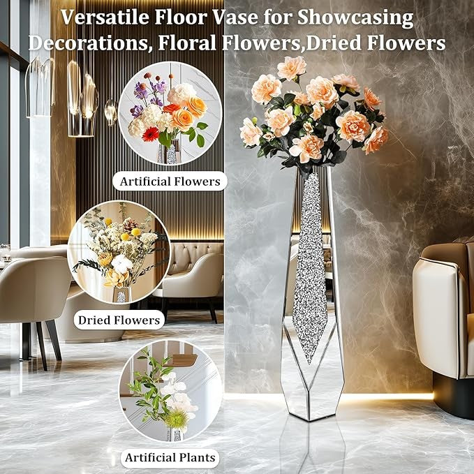 Extra Tall Mirrored Floor Vase 85.5cm Silver Glass Pampas Flower Decor