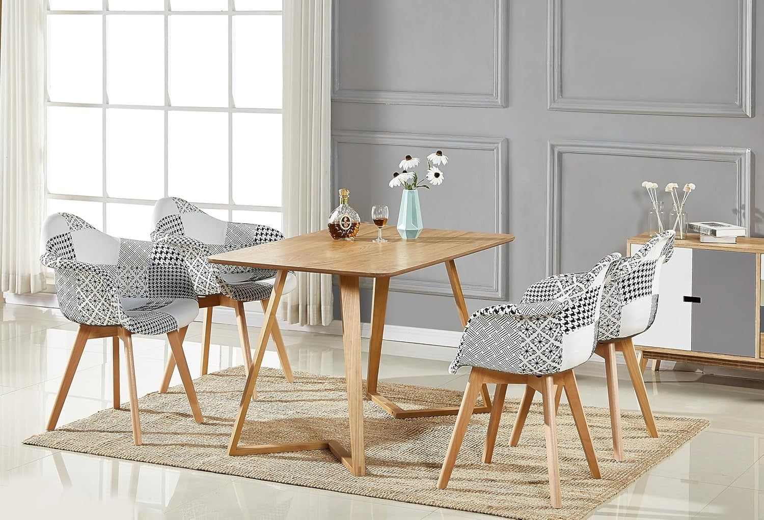 Black White Patchwork Dining Chairs Set of 2 with Arms Wood Legs