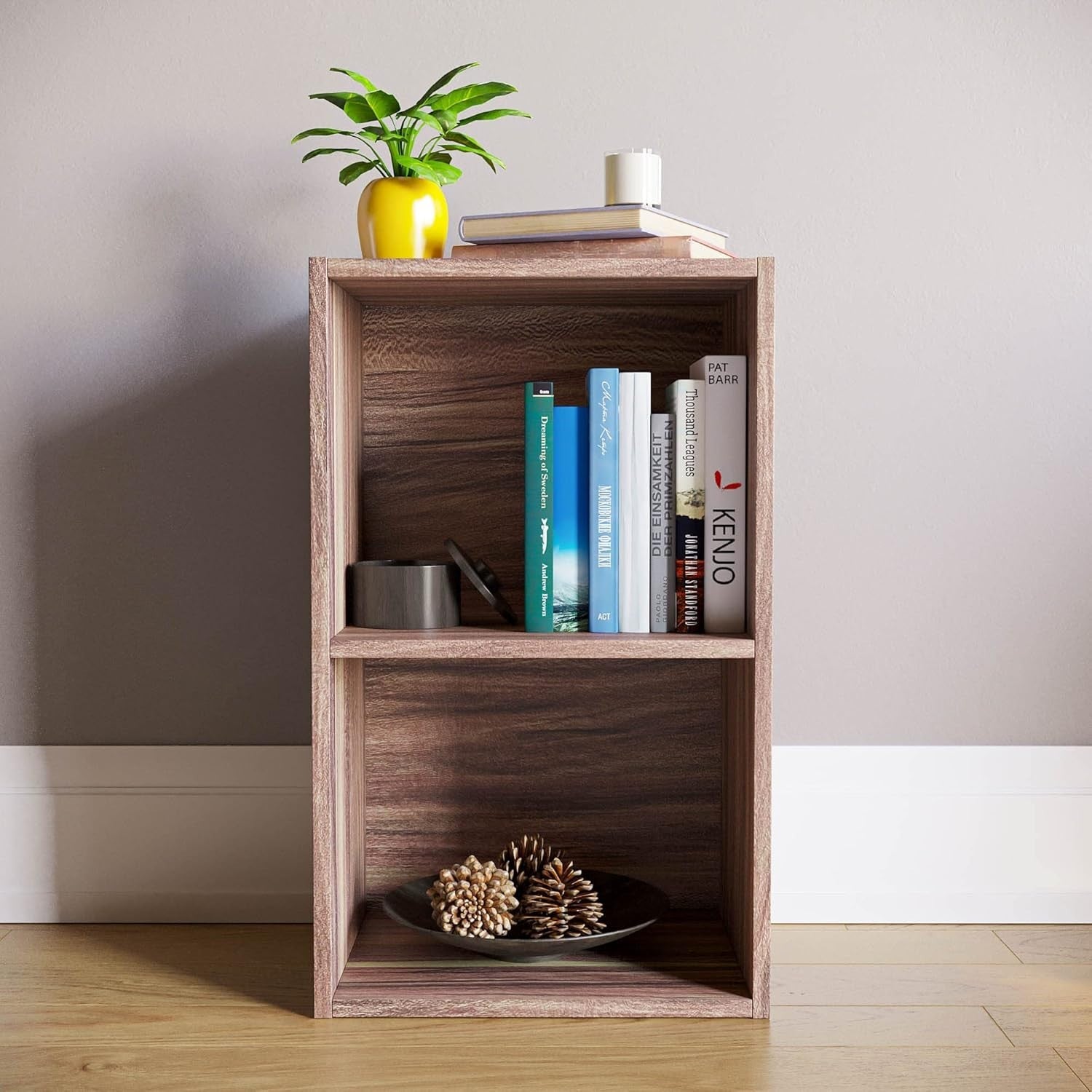 2 Tier Walnut Wooden Cube Bookcase Small Storage Shelf for Living Room Office