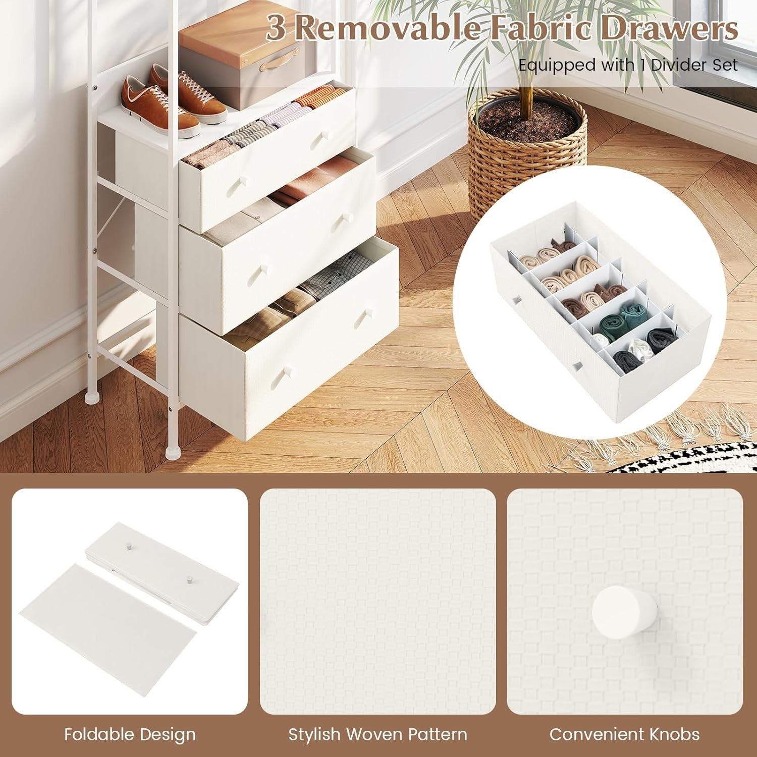 Clothes Rail 3 Drawers Freestanding Wardrobe Rack White