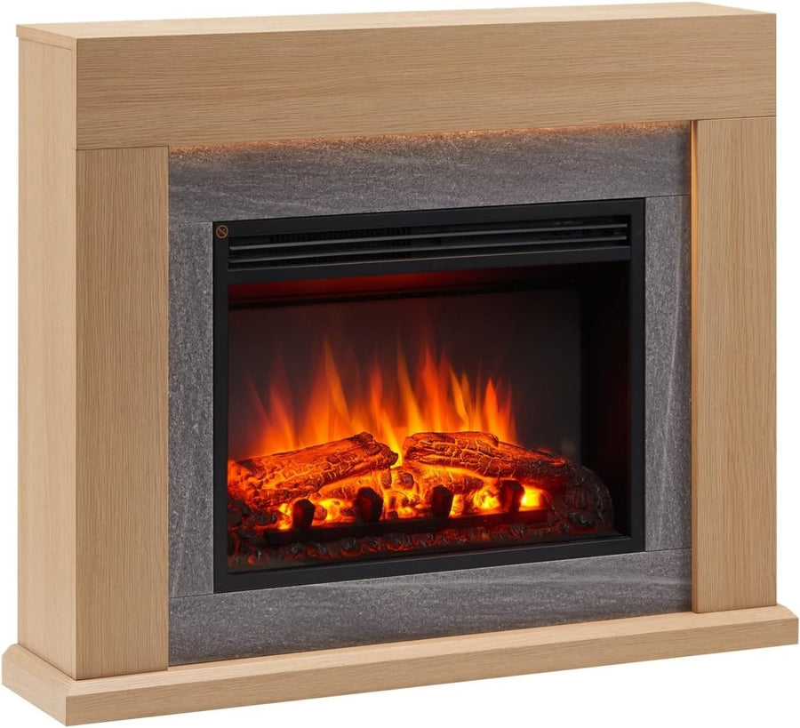 39" Electric Fireplace Heater with Oak Surround, Remote, Realistic Flame