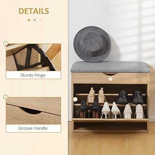 Natural Wood Shoe Storage Bench with Cushion Seat Flip-Up Cabinet & Hidden Space