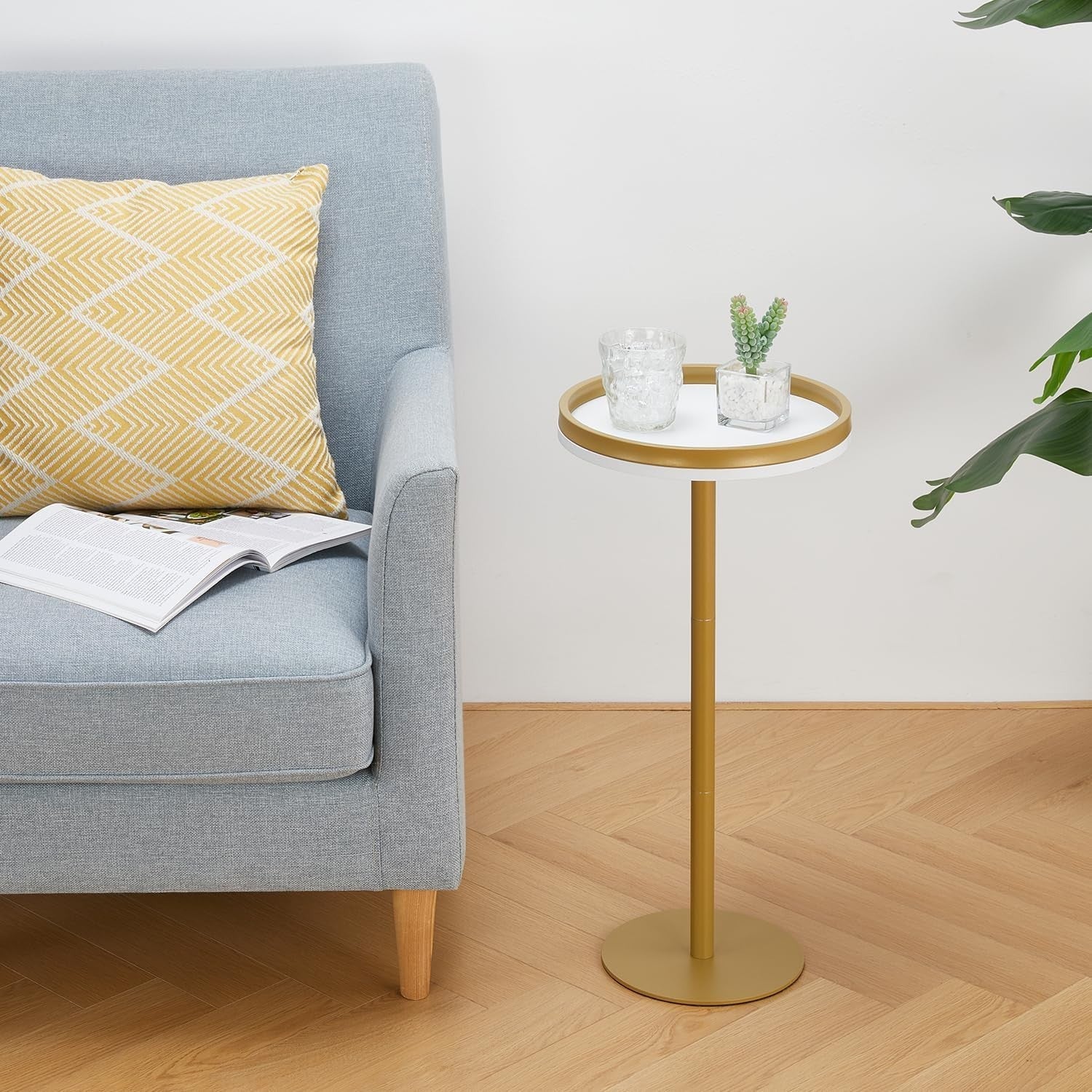 Small Round Coffee Table – 30x30x63cm Side Table White + Gold