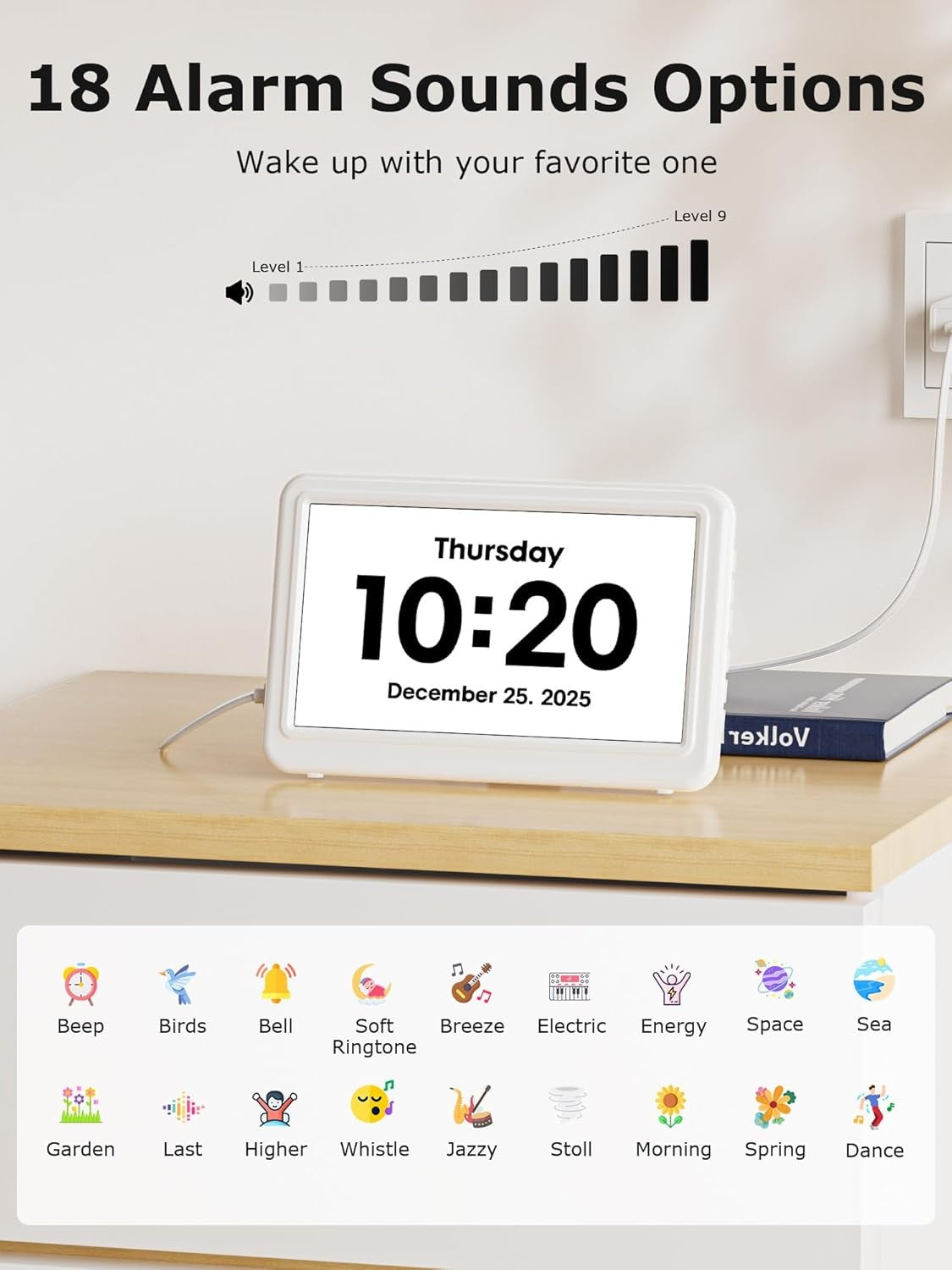7” Dementia Calendar Clock Large Day Date Time Display Auto Dim Alarms