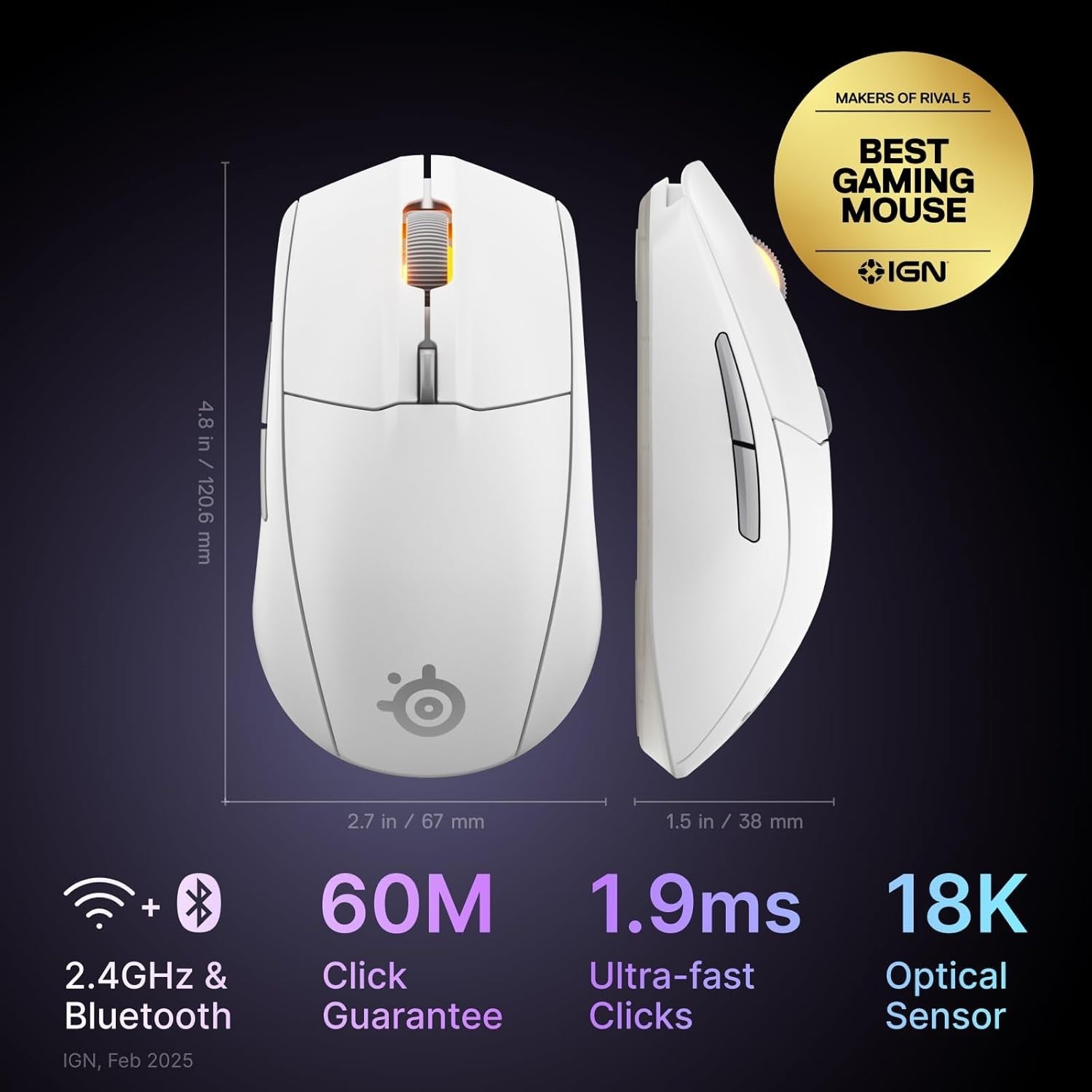 Wireless Gaming Mouse 18000 DPI Bluetooth 2.4GHz 60M Click White