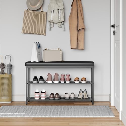 Black 3-Tier Shoe Bench with Padded Seat – Industrial Hallway Organizer Black