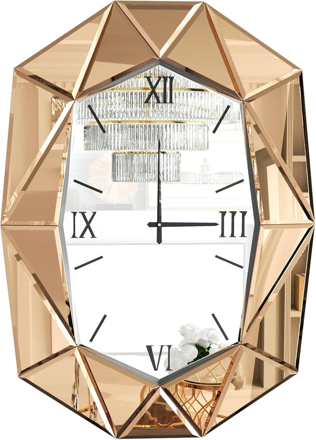 Beveled Glass Wall Clock Mirror with Roman Numerals 100x72cm Luxury Decor