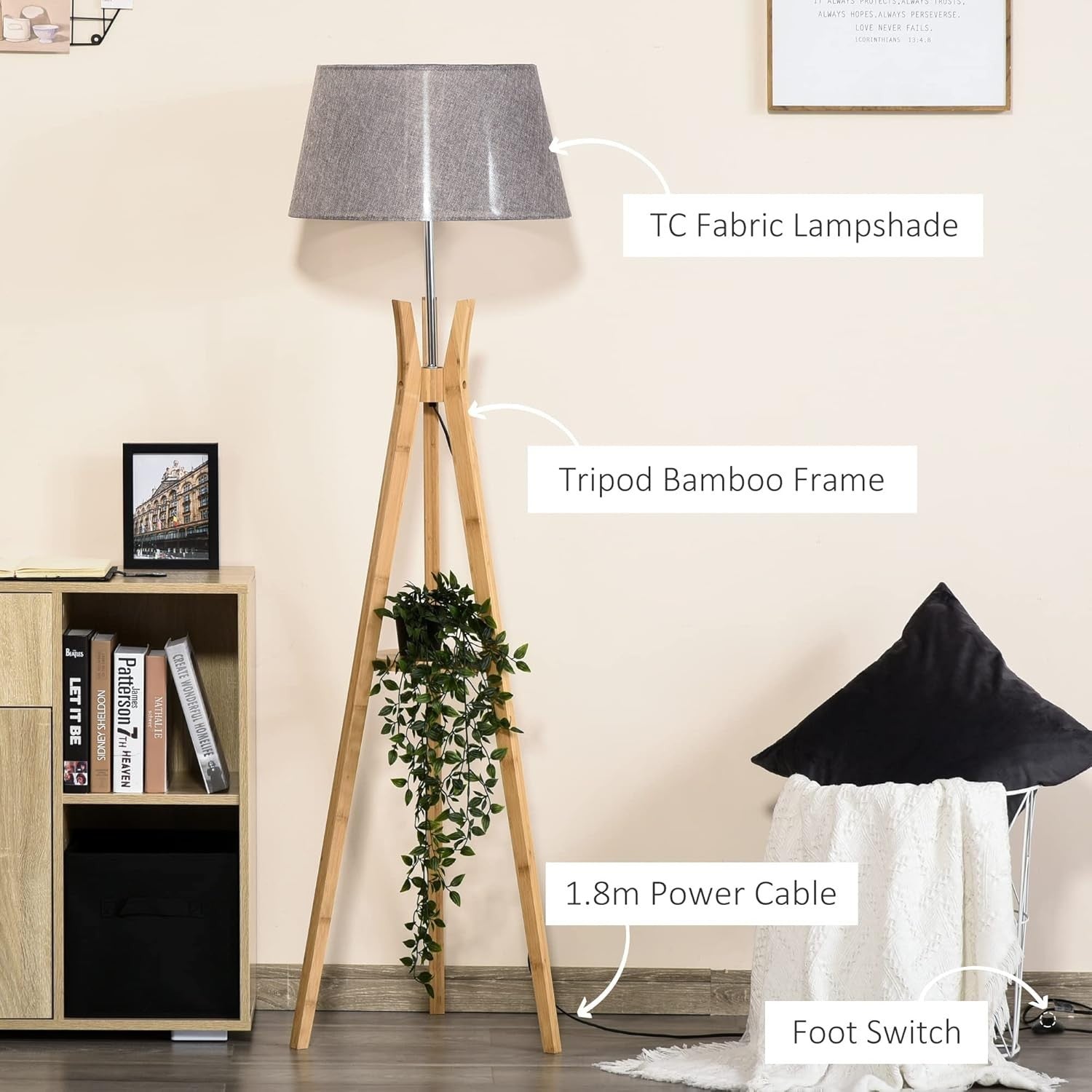 Wood Tripod Floor Lamp with Shelf E27 Grey Shade Tall Light for Living Room