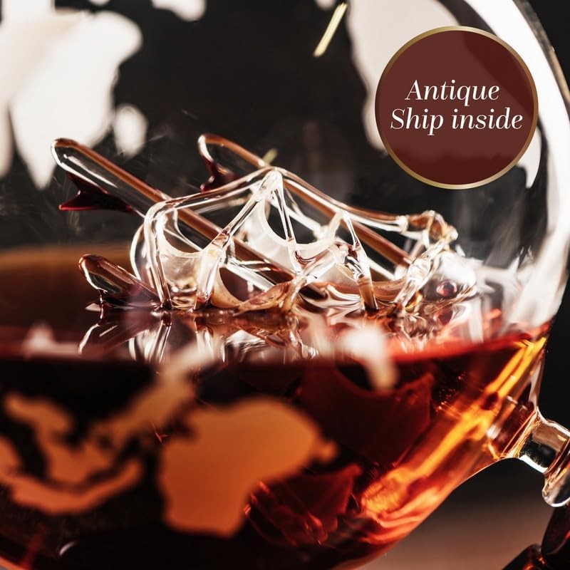 Globe Whiskey Decanter Set 850ml with 4 Etched Glasses & Tray Gift Box