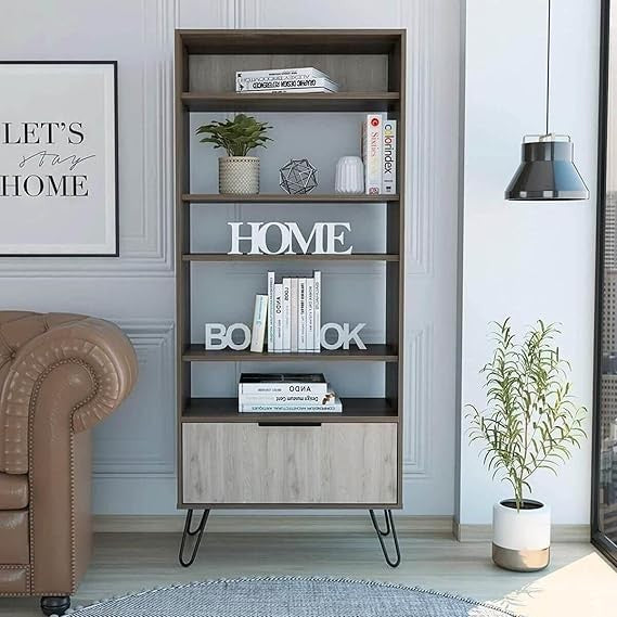 Tall 5 Tier Bookcase Cabinet with Door – Oak Effect Grey Storage Unit Modern