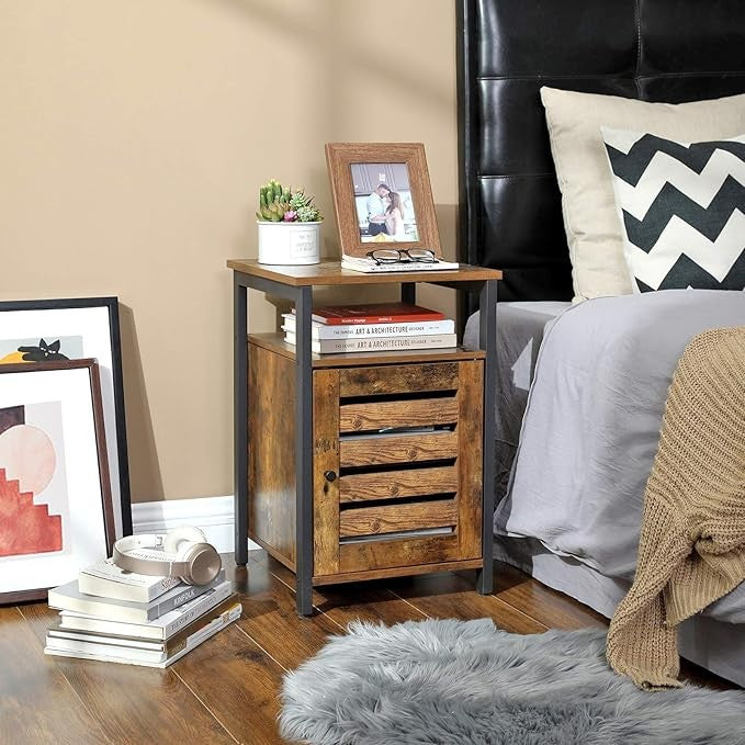 Rustic Brown Industrial Bedside Table with Drawer & Adjustable Shelf