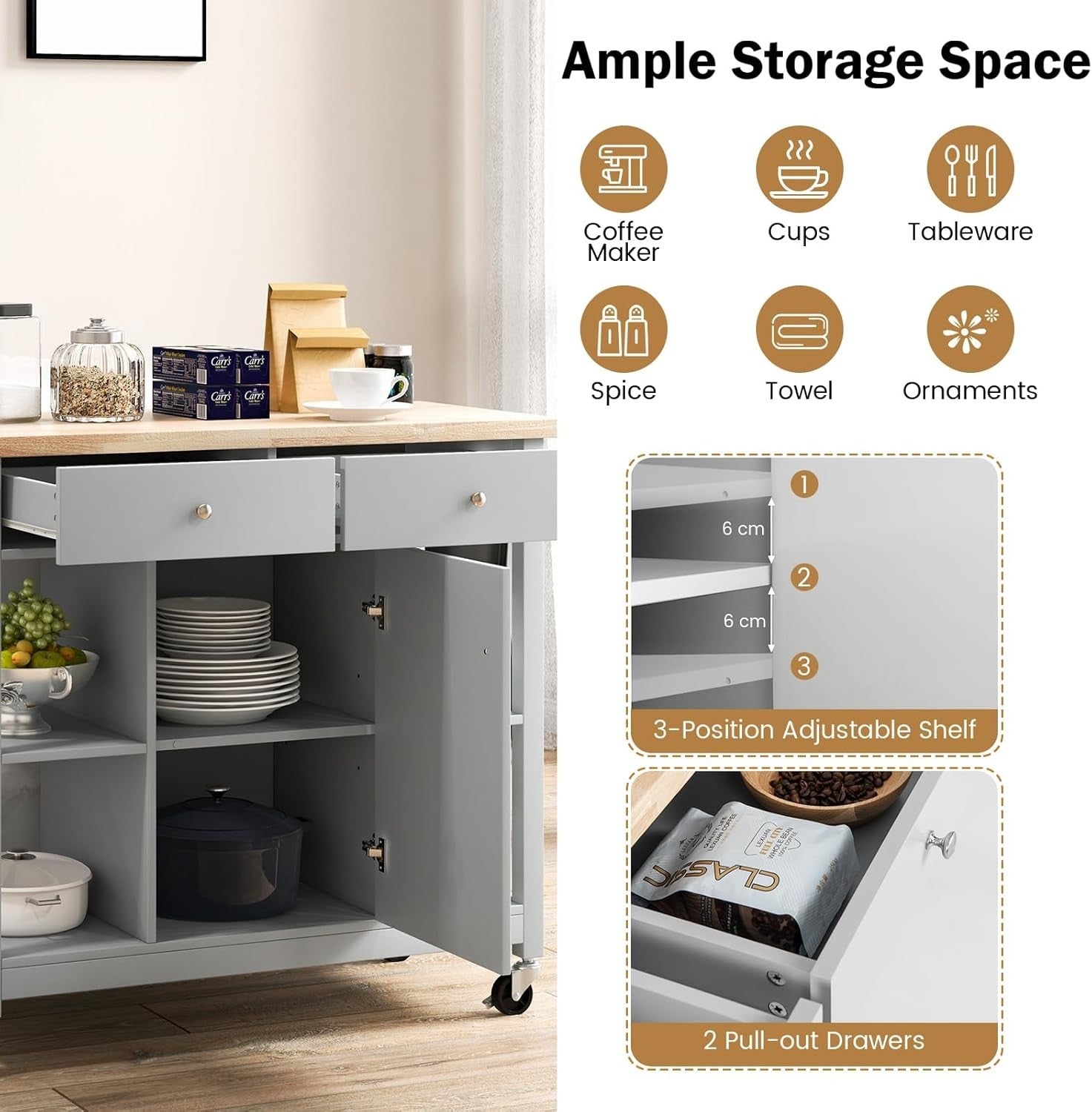 Kitchen Island Trolley with Drawers & Adjustable Shelf Grey 99x46x90cm