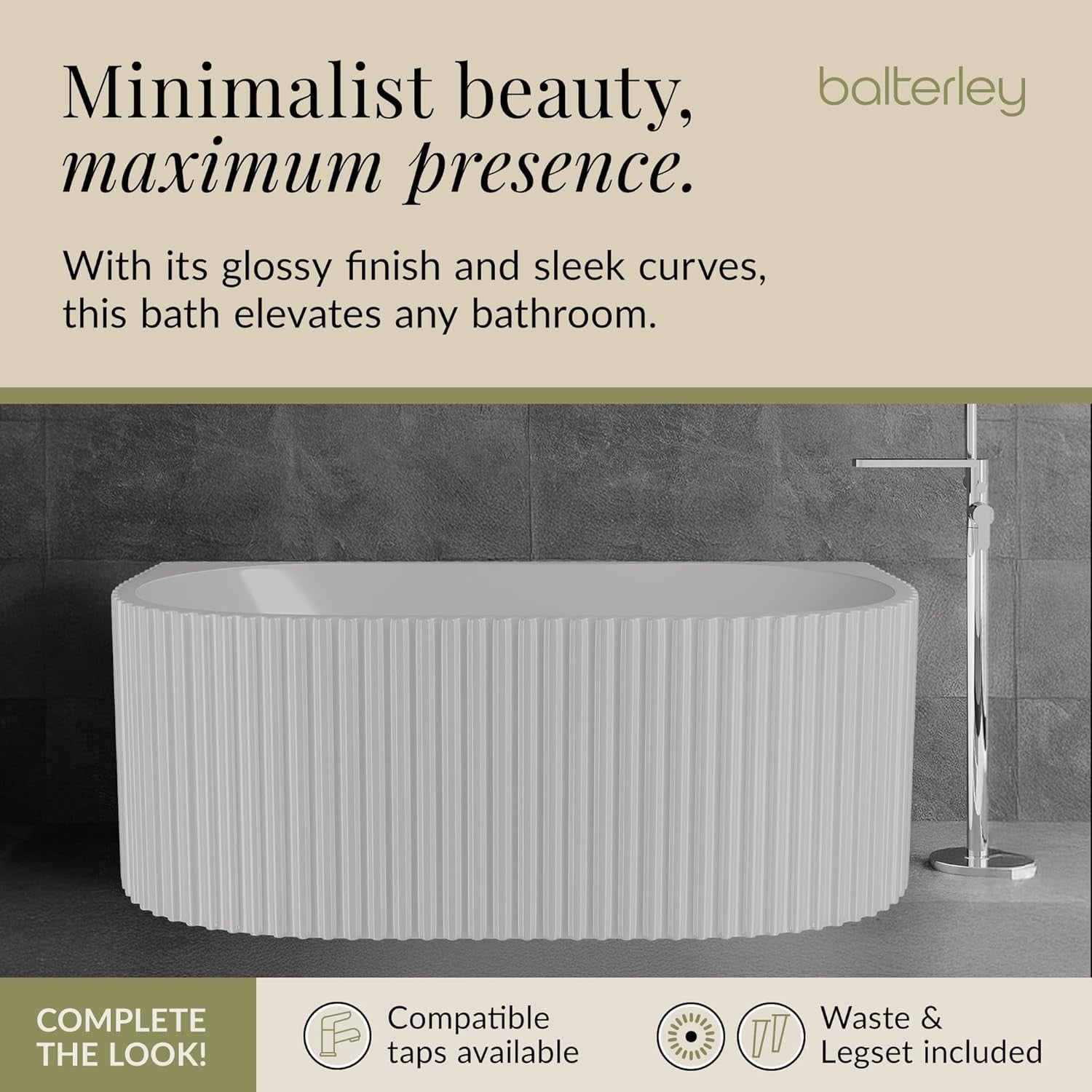 1600x780mm Oval Back-to-Wall Acrylic Bath White Fluted Soaking Tub