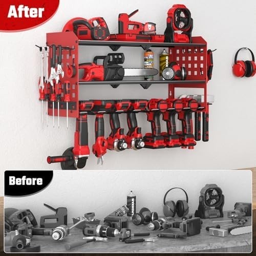 Wall Mounted Power Tool Organizer 3 Tier 7 Drill Rack Red